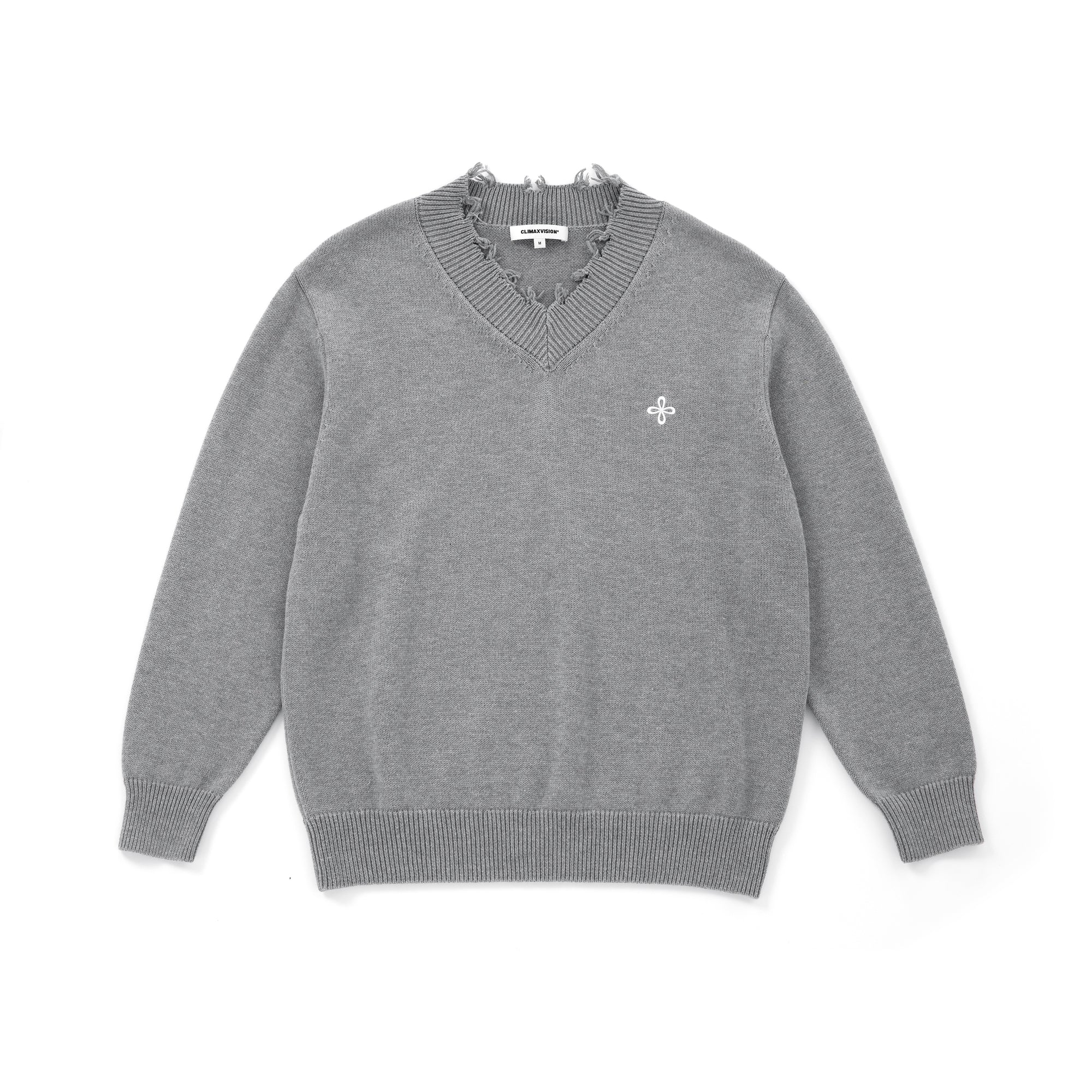 Grey Cotton Cross-stitch Embroidered Raw-Edge V-Neck Sweater