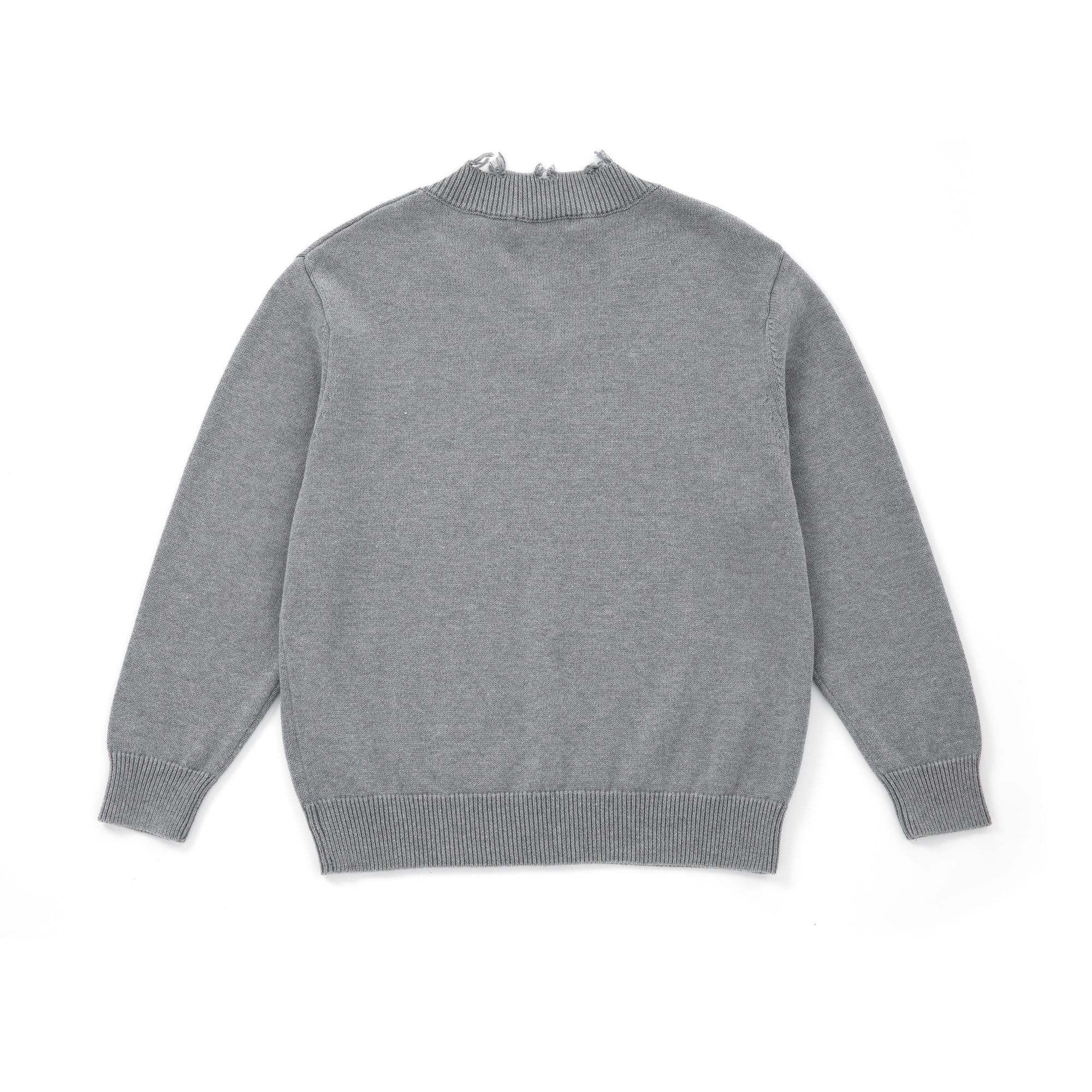 Grey Cotton Cross-stitch Embroidered Raw-Edge V-Neck Sweater