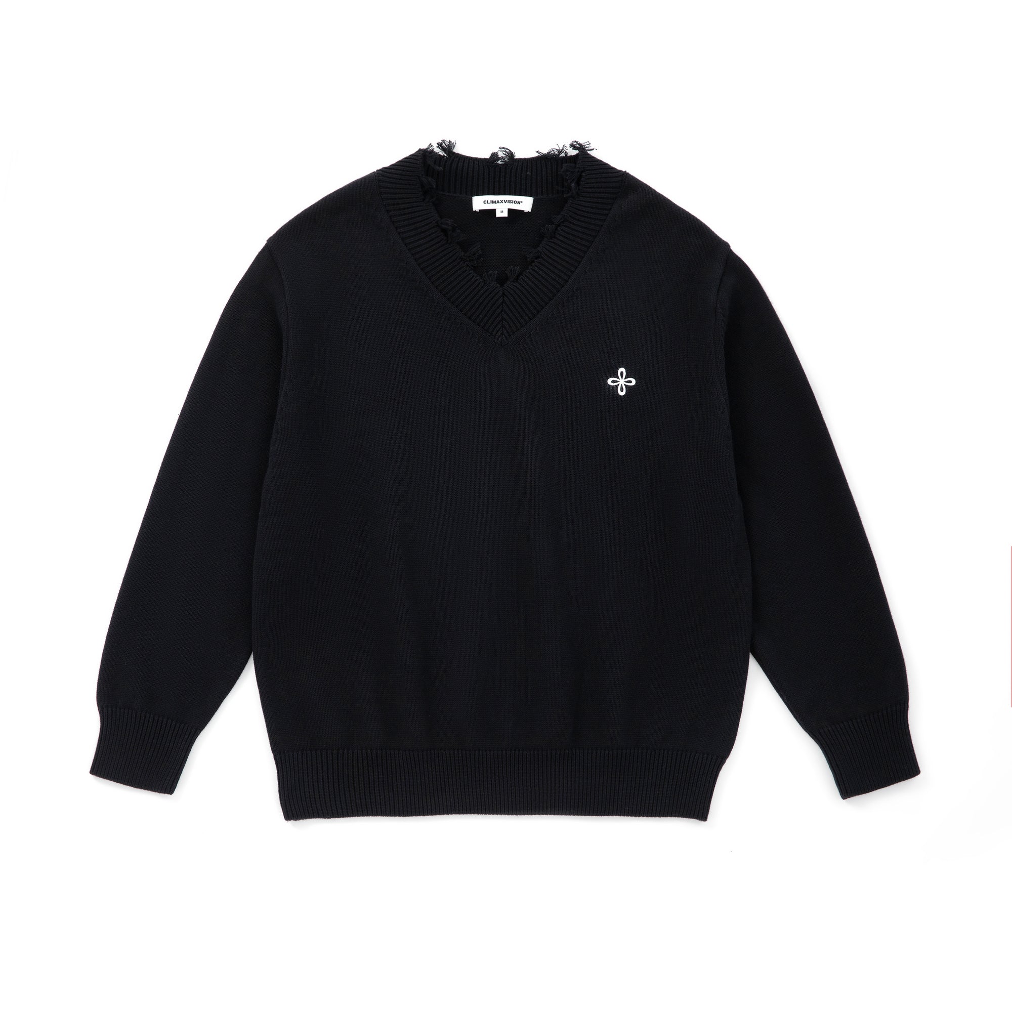 Black Cotton Cross-stitch Embroidered Raw-Edge V-Neck Sweater