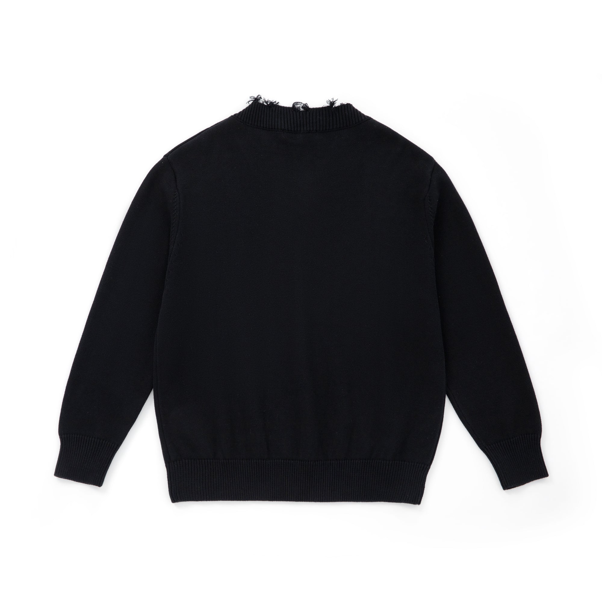 Black Cotton Cross-stitch Embroidered Raw-Edge V-Neck Sweater