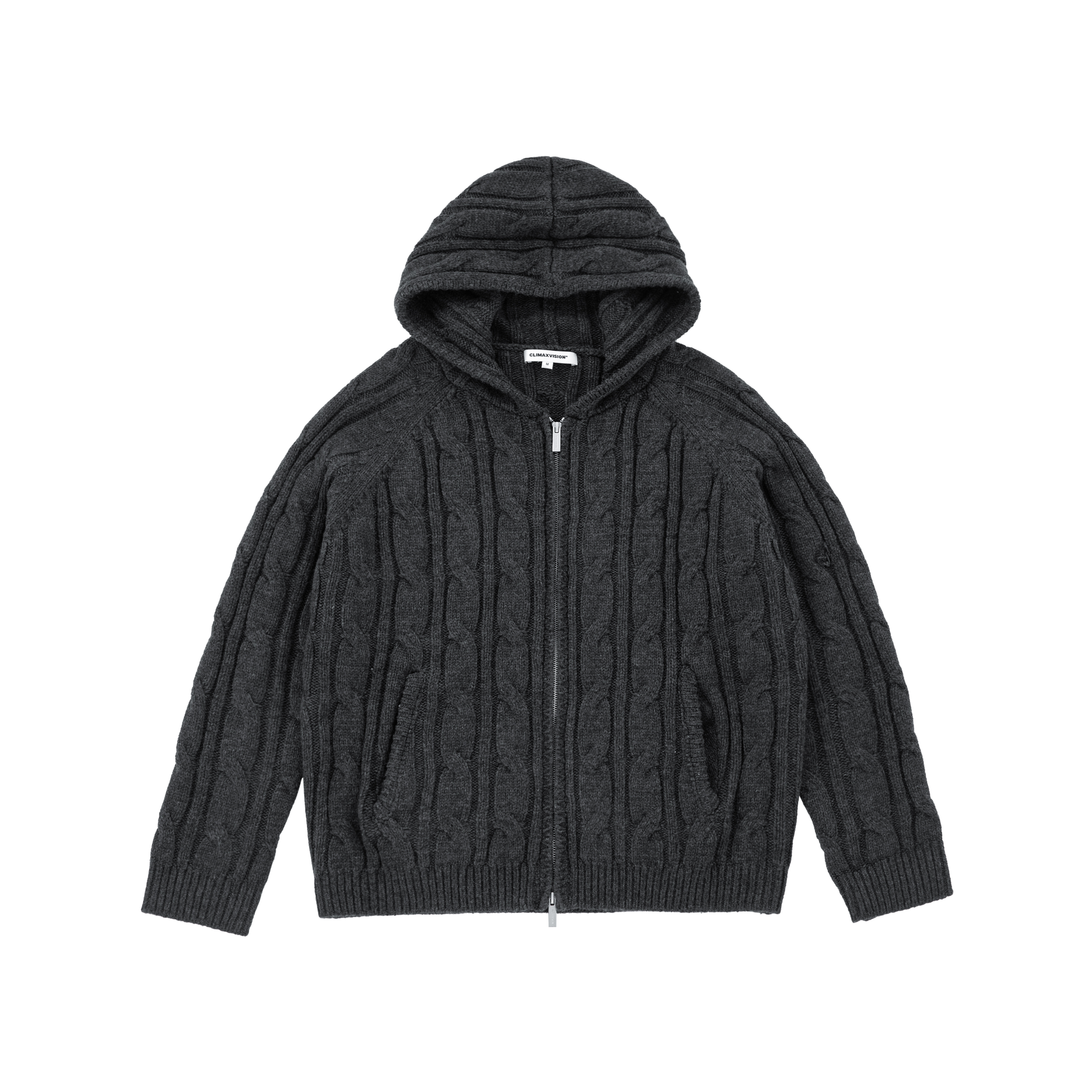 Wool Blend Cable Hooded Zip-Up Cardigan In Black