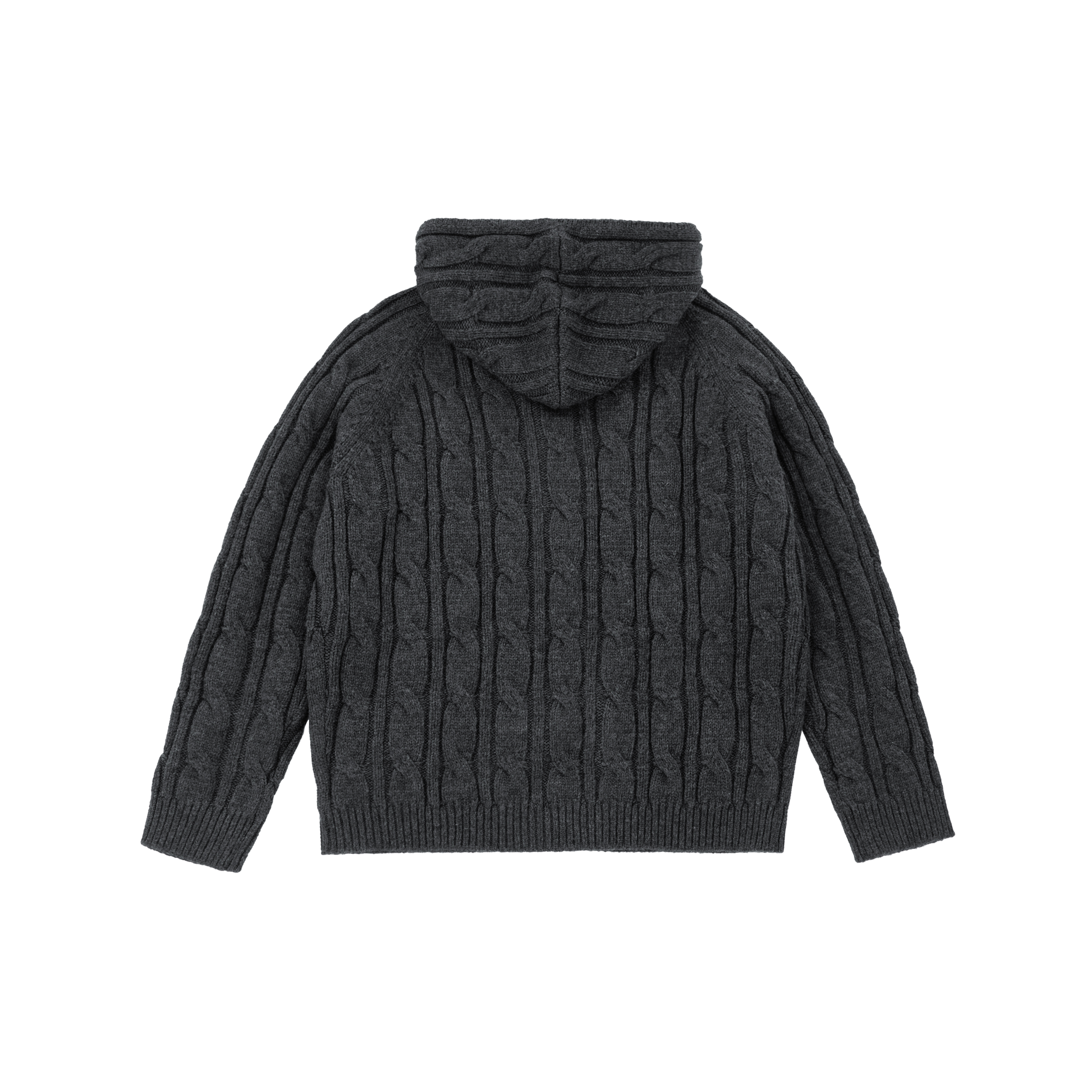 Wool Blend Cable Hooded Zip-Up Cardigan In Black