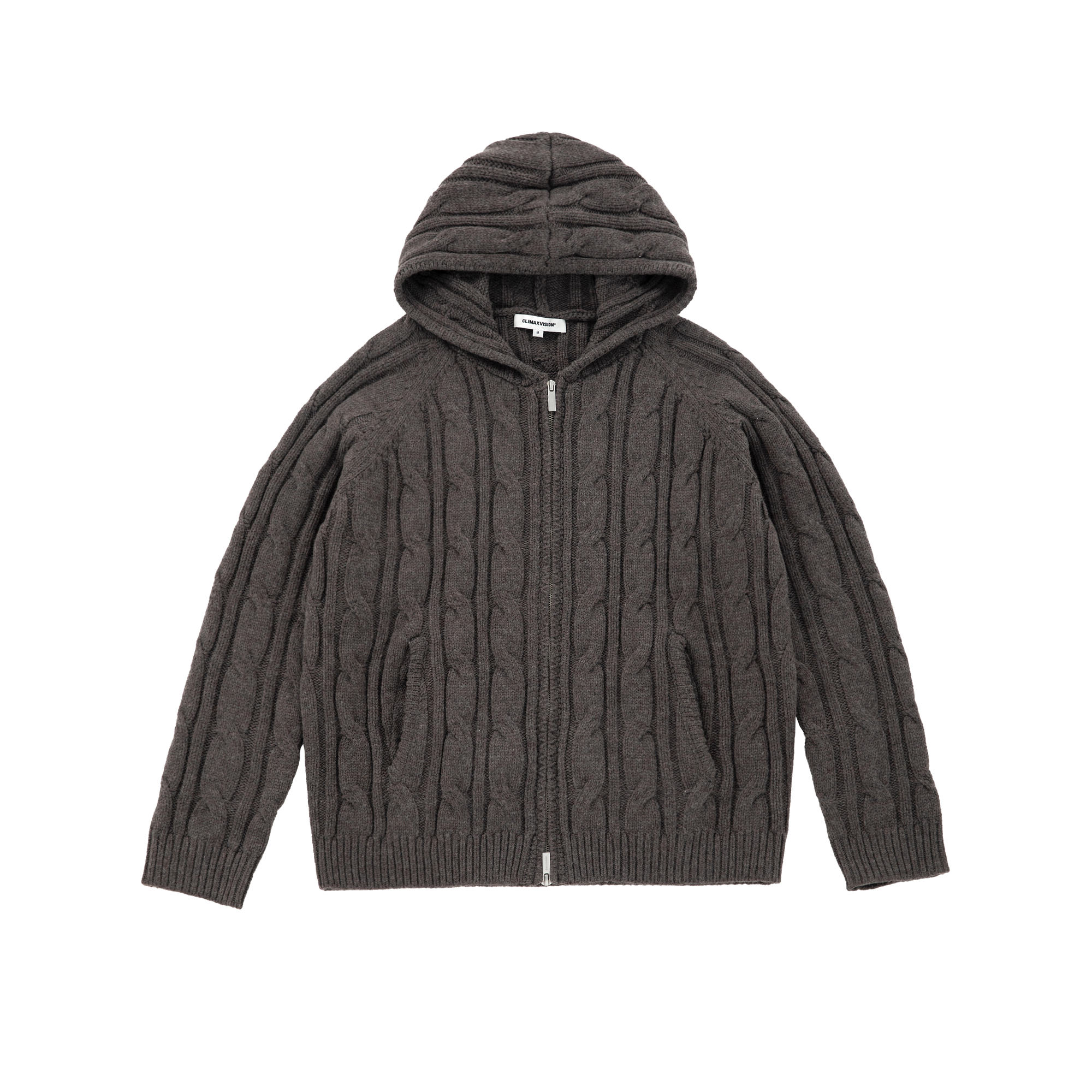 Wool Blend Cable Hooded Zip-Up Cardigan In Brown