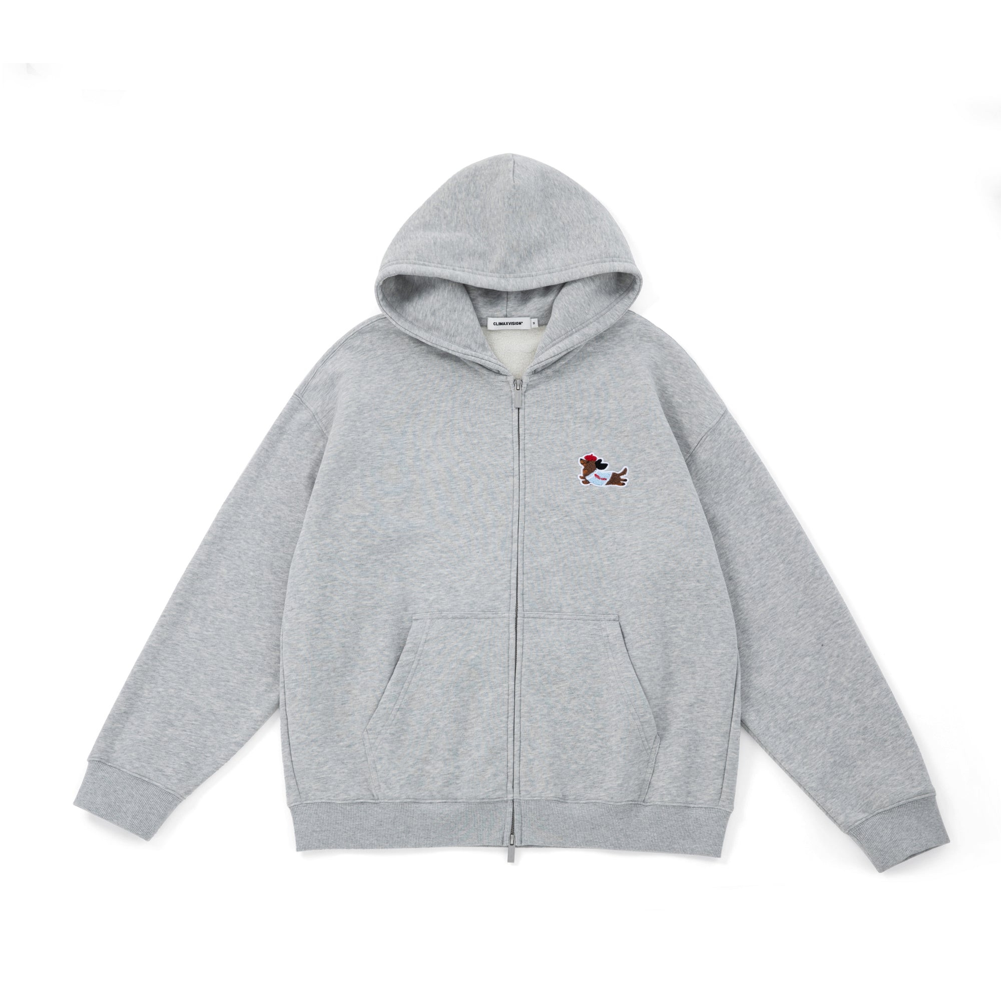 Grey Dachshund Towel Embroidery Hooded Zip-Up Cardigan