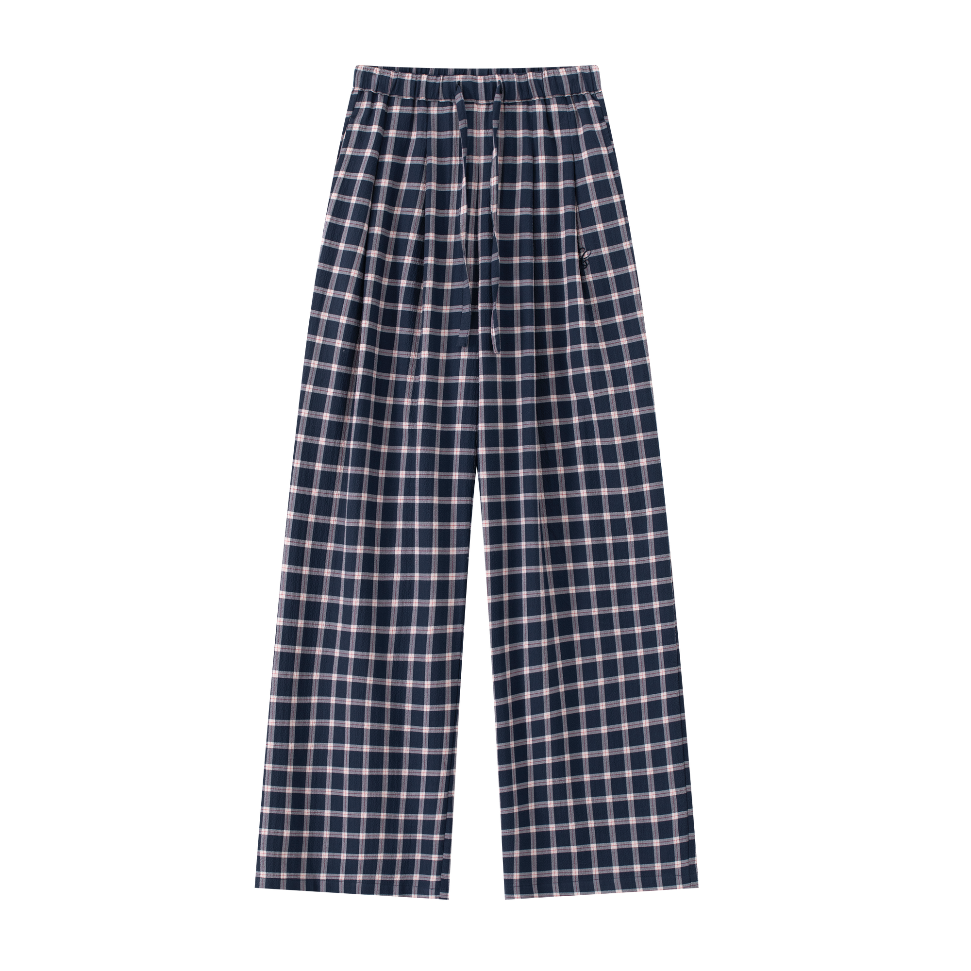 Blue Plaid Casual Bubble Check Double Pleated Embroidered Trousers