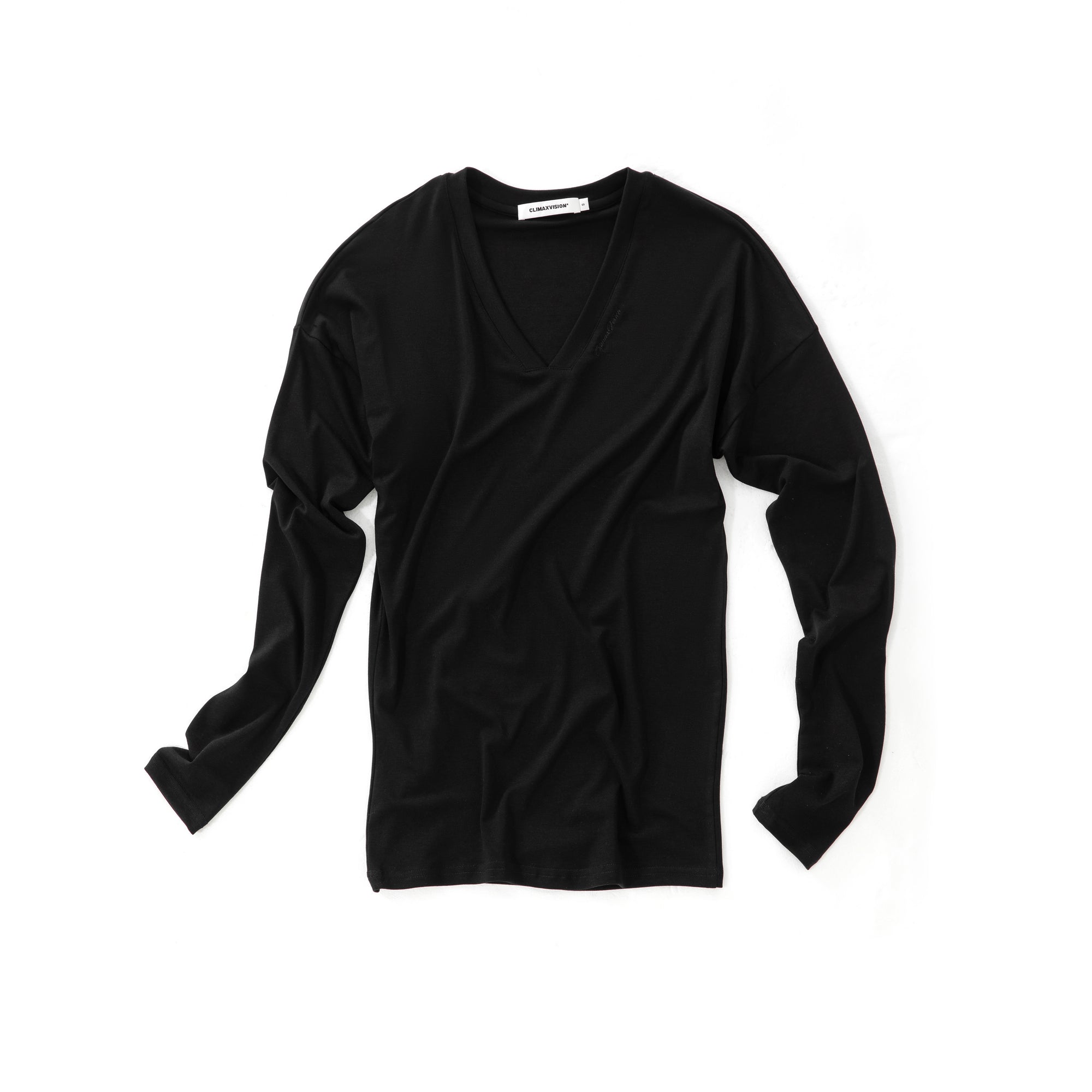 Black Lyocell Tencel V-neck Lazy Stacked Slim Long Sleeve