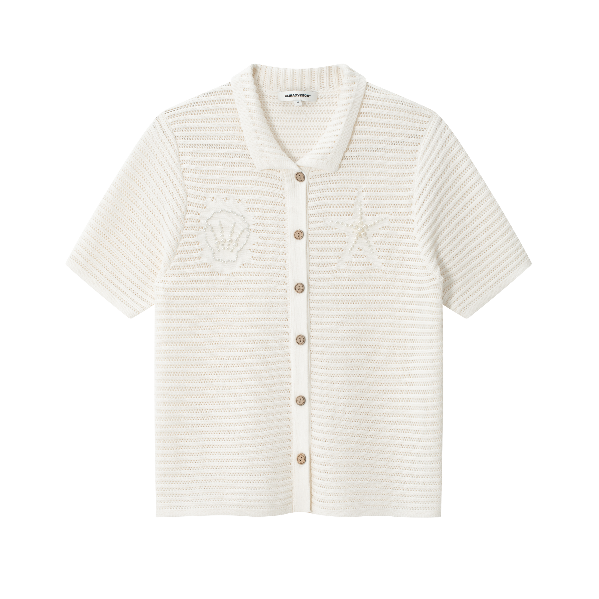 Beige Resort Seashell Beaded Hollow-Out Shirt
