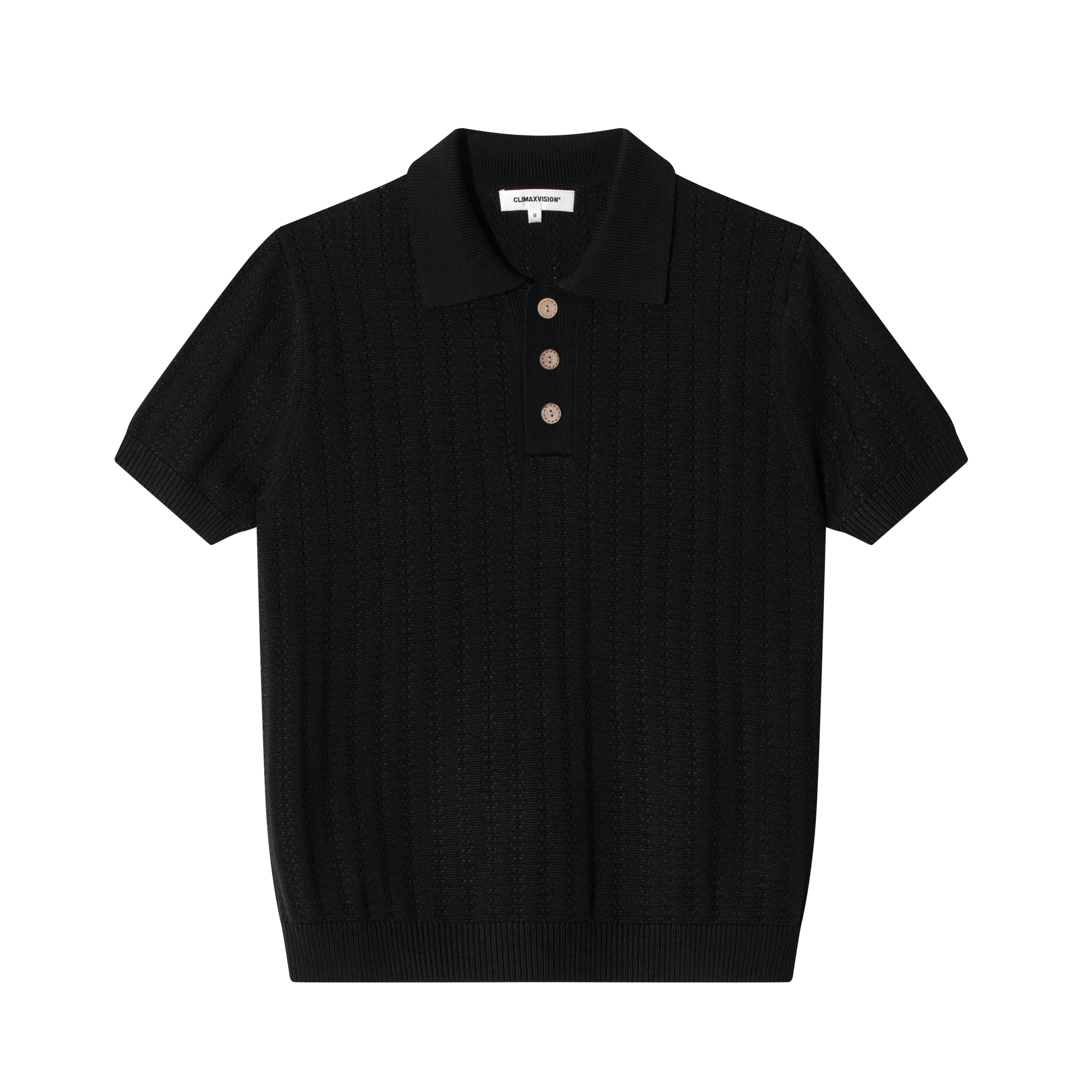 Black Wheat-Pattern Textured Knit Polo Shirt