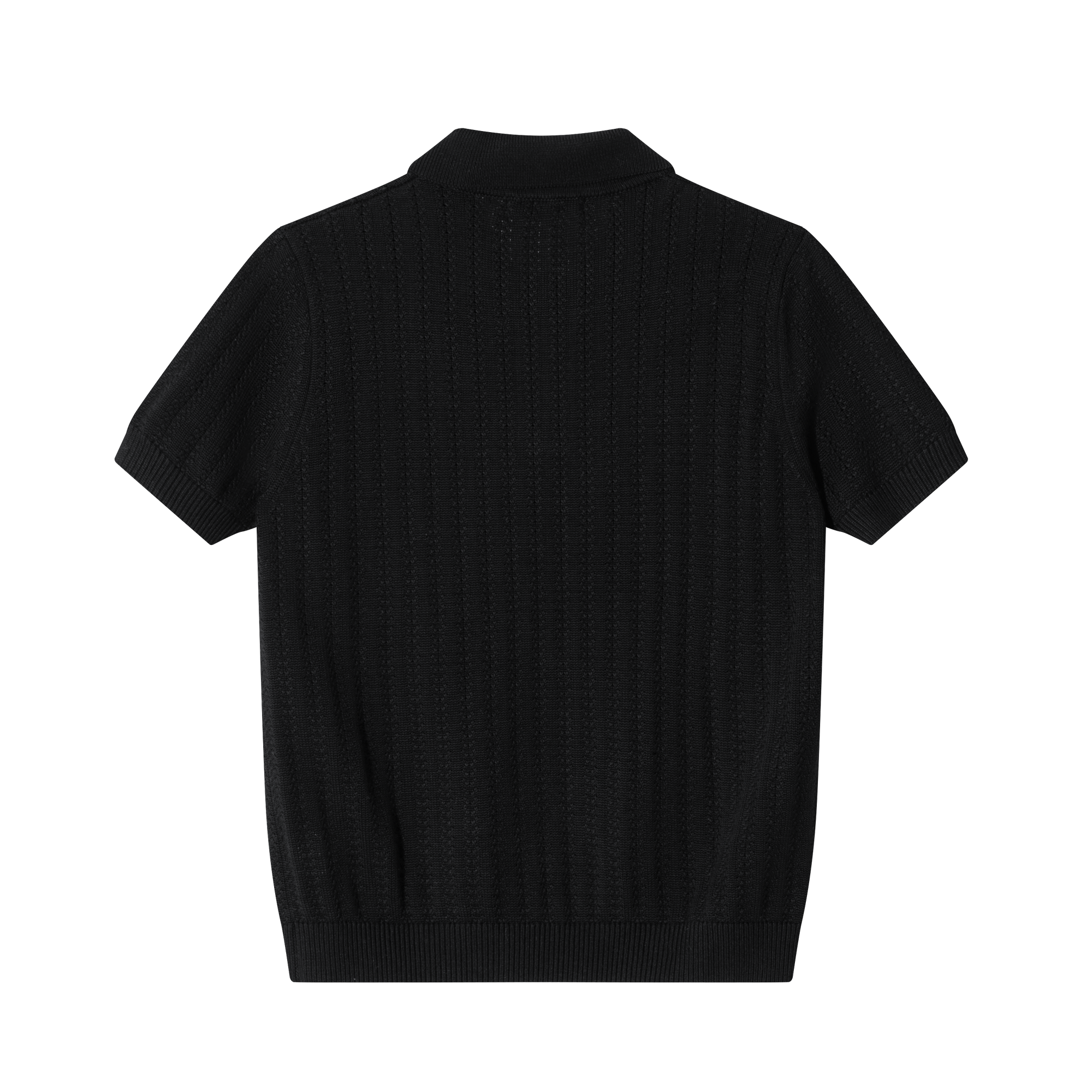 Black Wheat-Pattern Textured Knit Polo Shirt