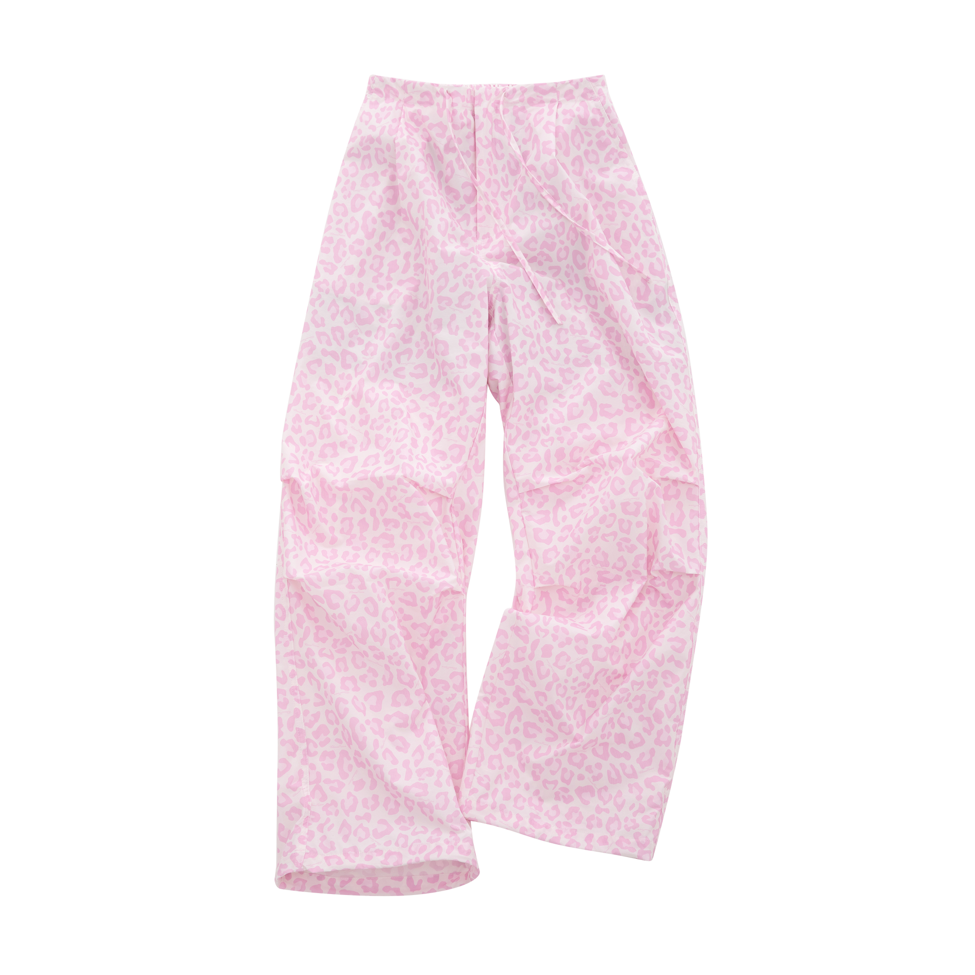 Pink Leopard Print Drawstring Pleated Straight-leg Paratrooper Pants