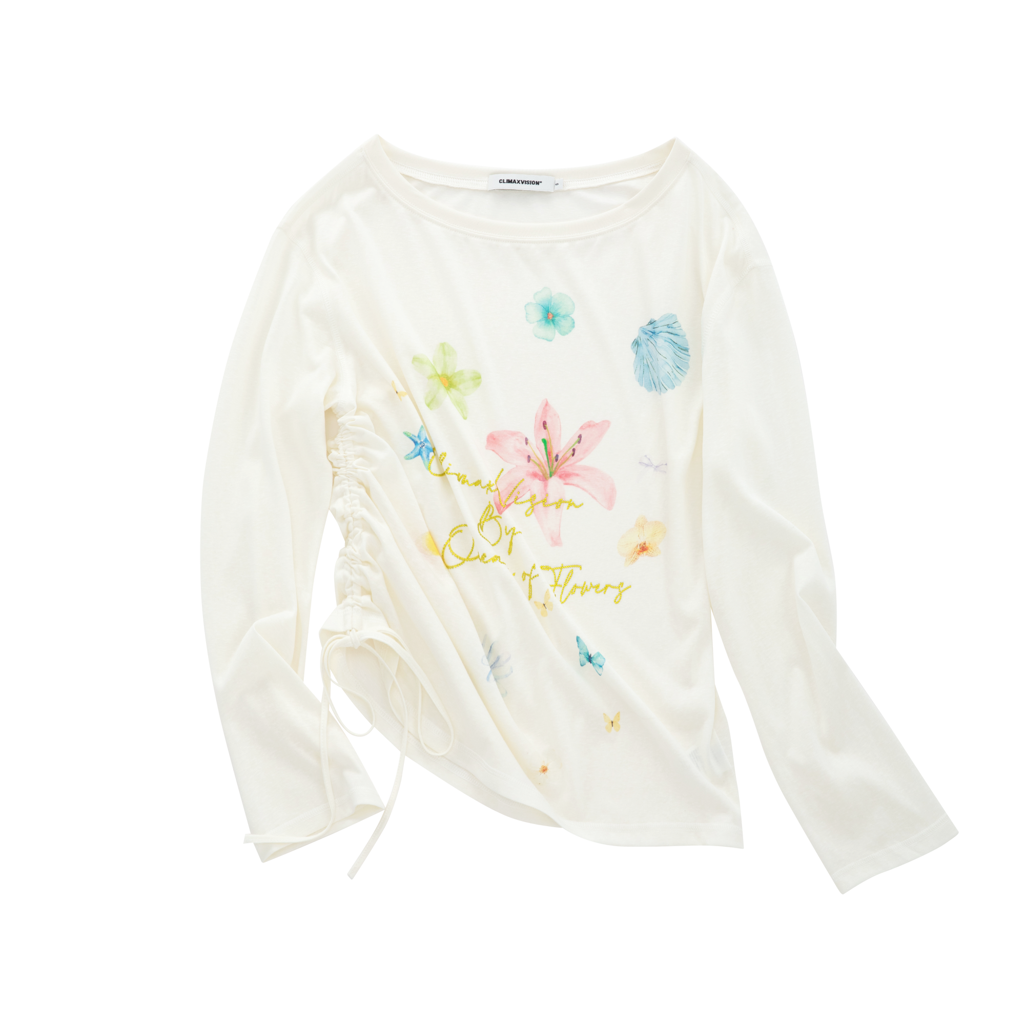 Beige Lyocell Floral Rhinestone Off-Shoulder Long Sleeve