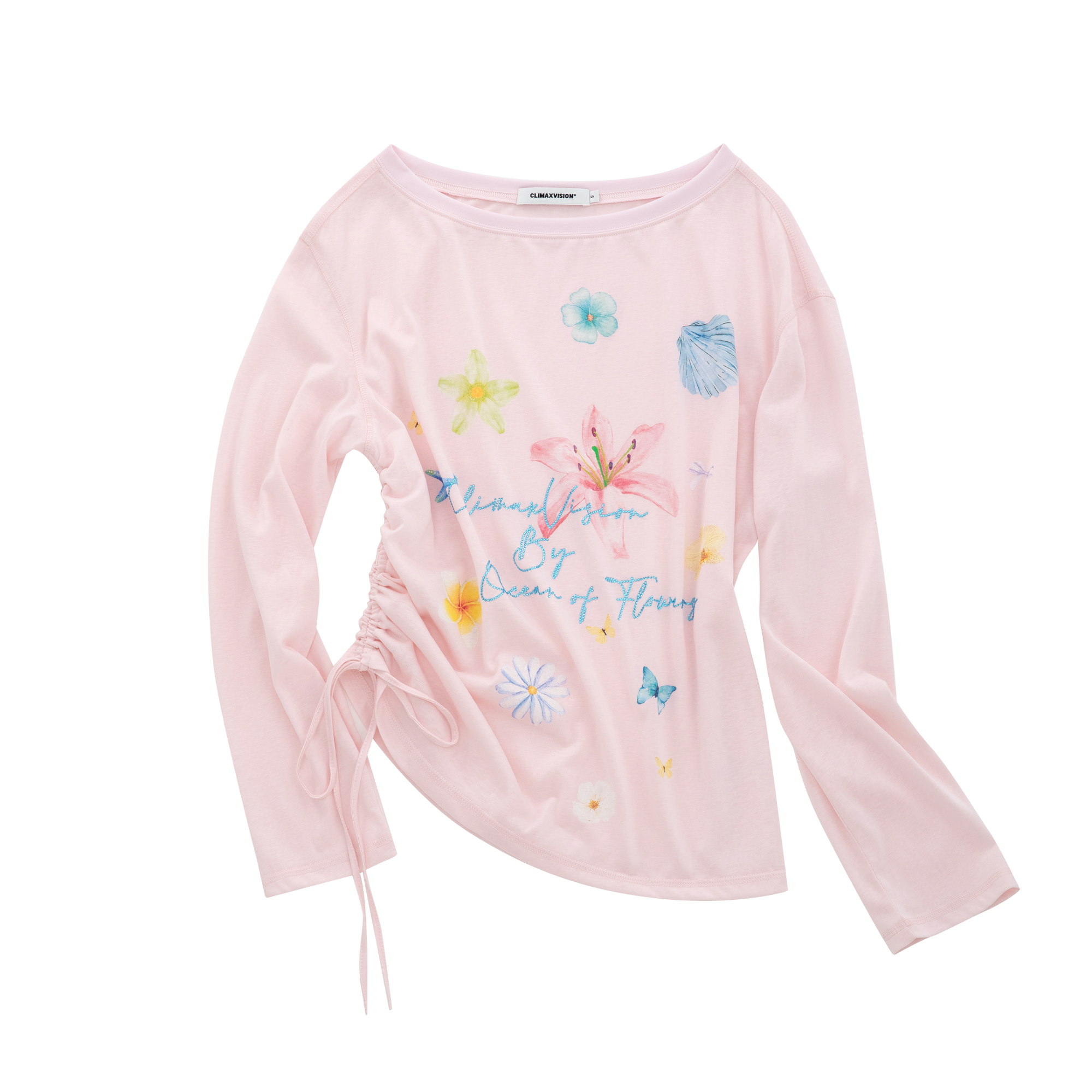 Pink Lyocell Floral Rhinestone Off-Shoulder Long Sleeve