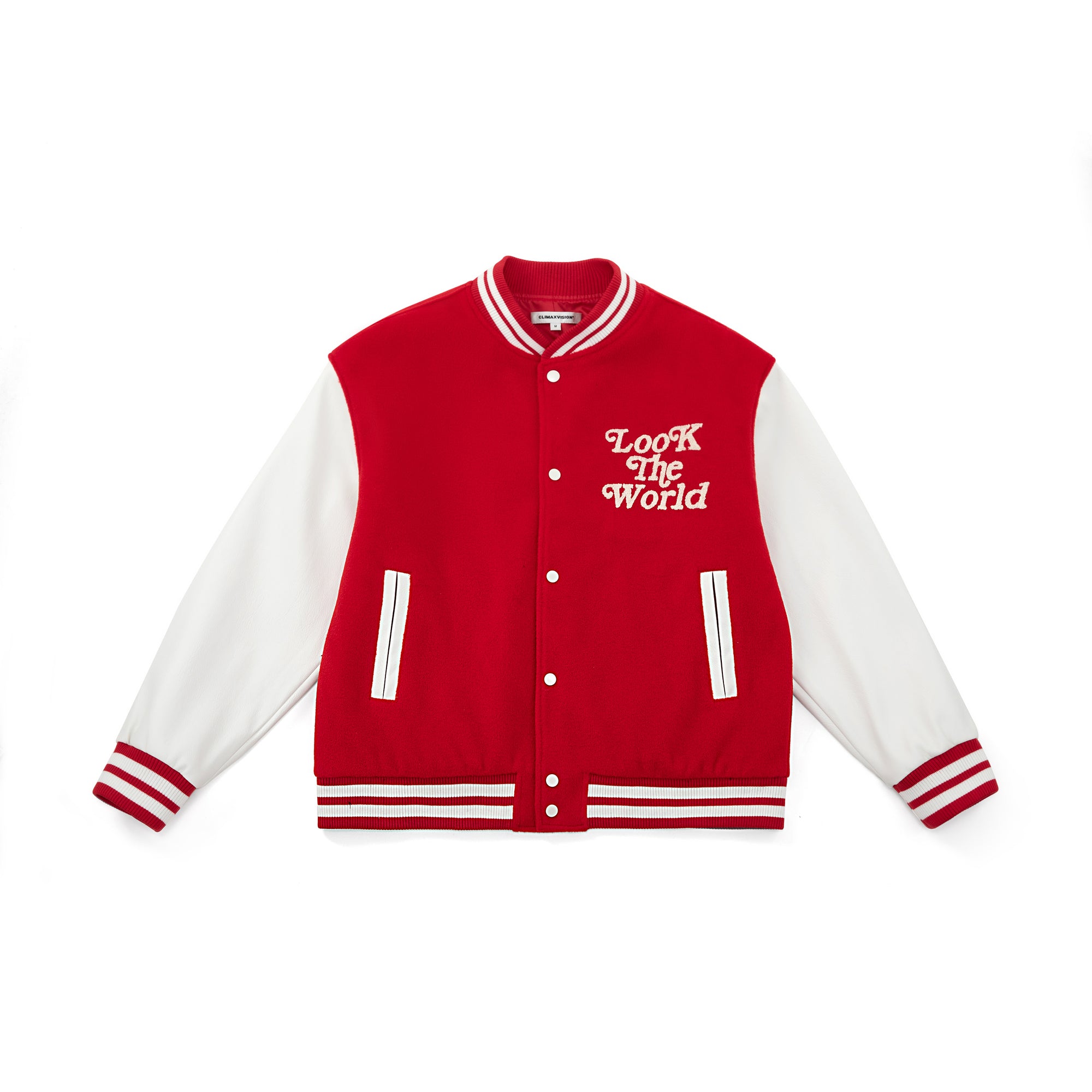 Red Pearl Beaded Embroidery Contrast Color Baseball Jacket