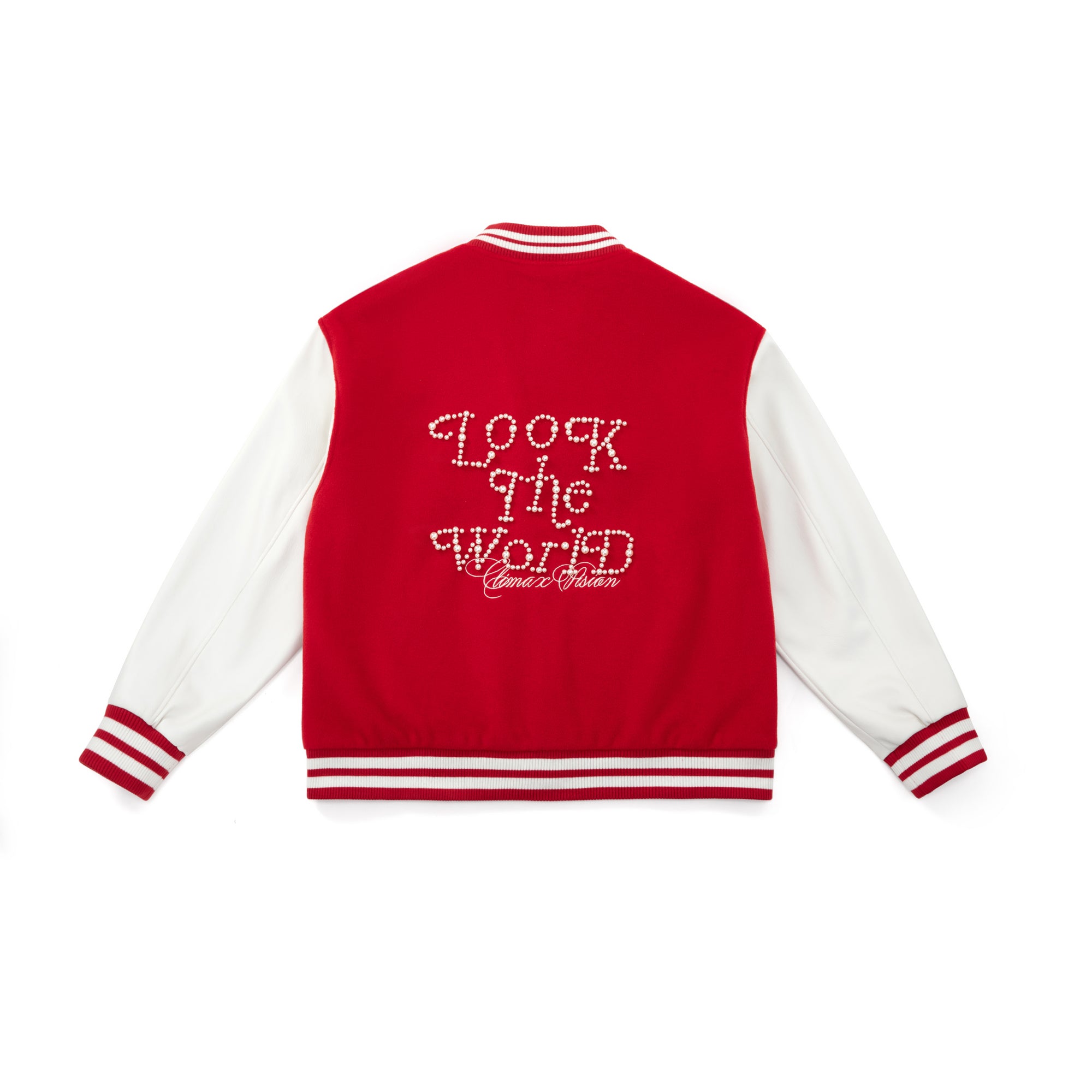 Red Pearl Beaded Embroidery Contrast Color Baseball Jacket