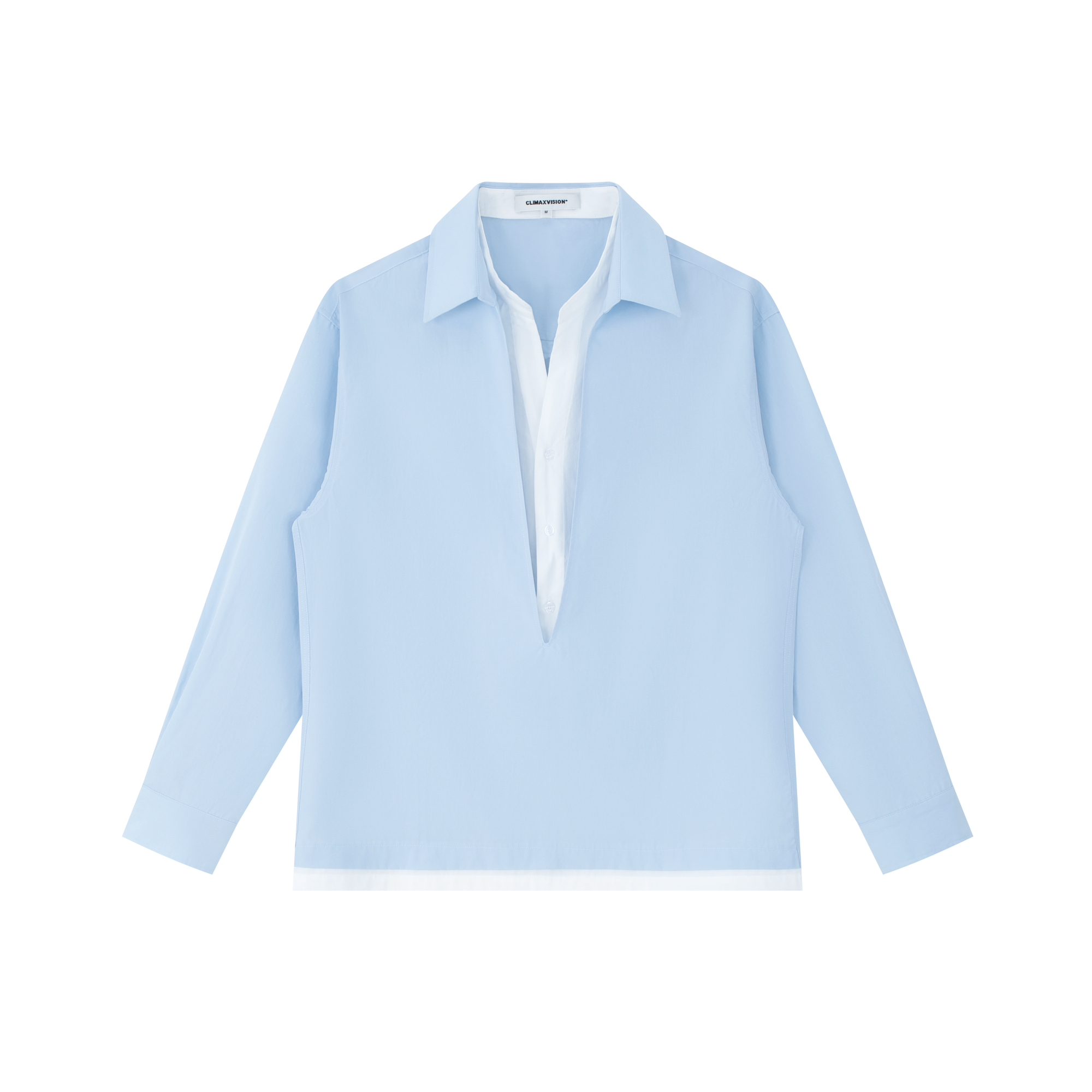 Blue and White Color-Blocked V-Neck Faux Two-Piece Shirt