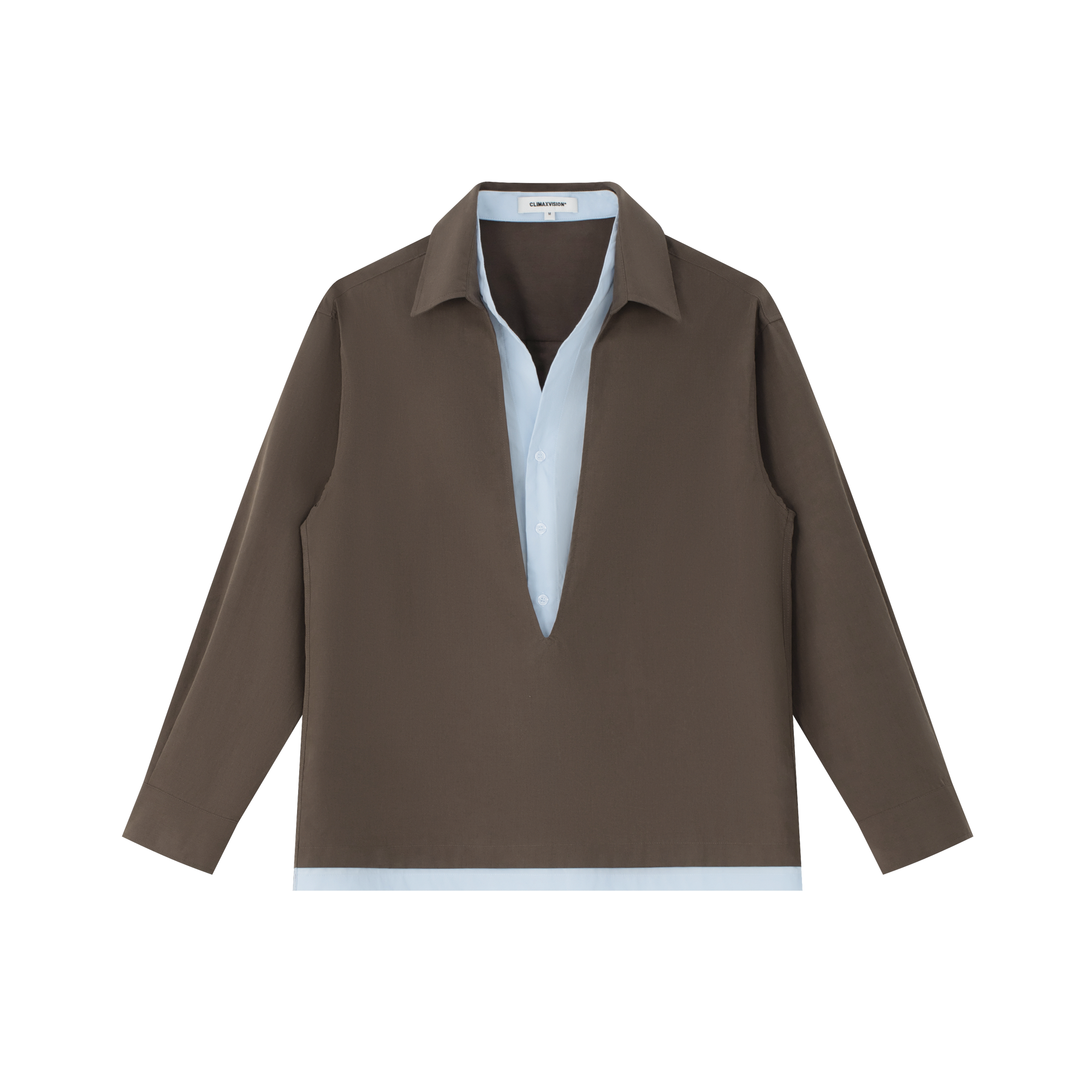 Brown and Blue Color-Blocked V-Neck Faux Two-Piece Shirt