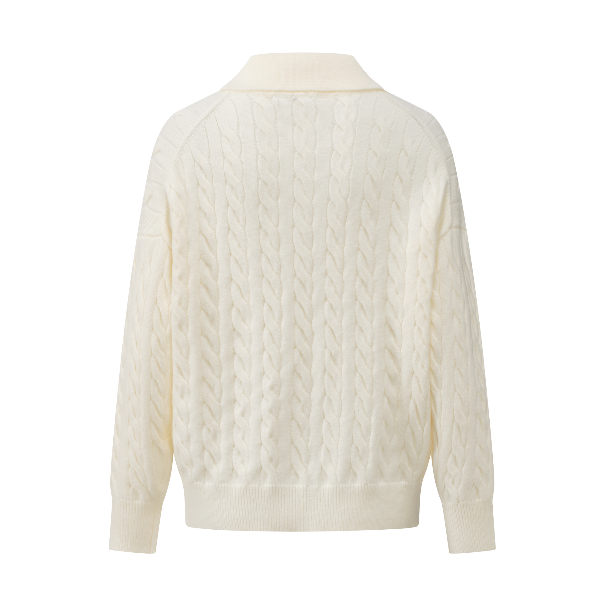 Beige Cable Knit Set Polo Collar Embroidered Soft Knit Sweater