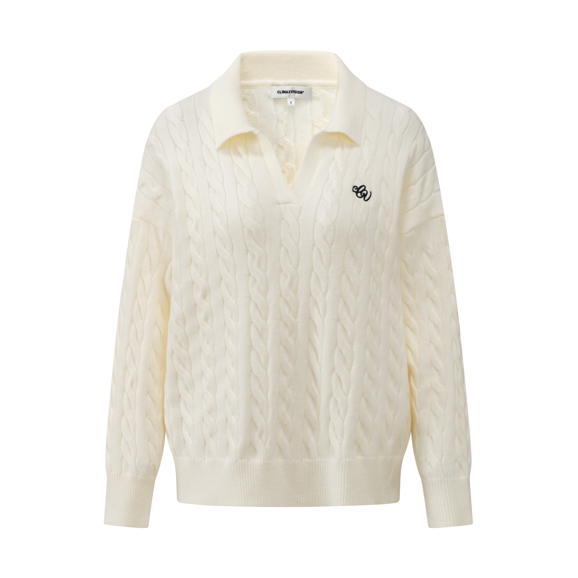 Beige Cable Knit Set Polo Collar Embroidered Soft Knit Sweater