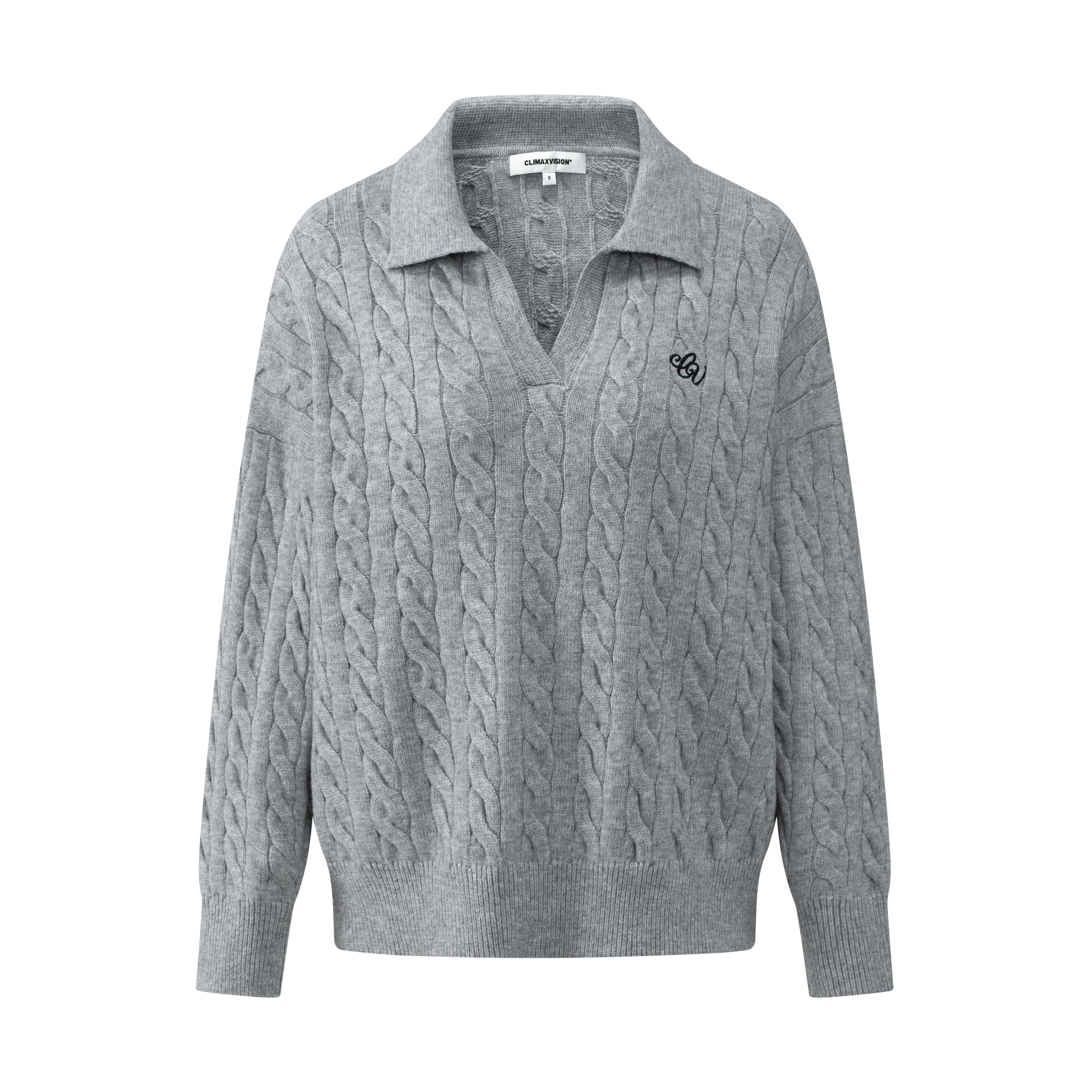 Grey Cable Knit Suit Polo Collar Embroidered Soft Knit Sweater