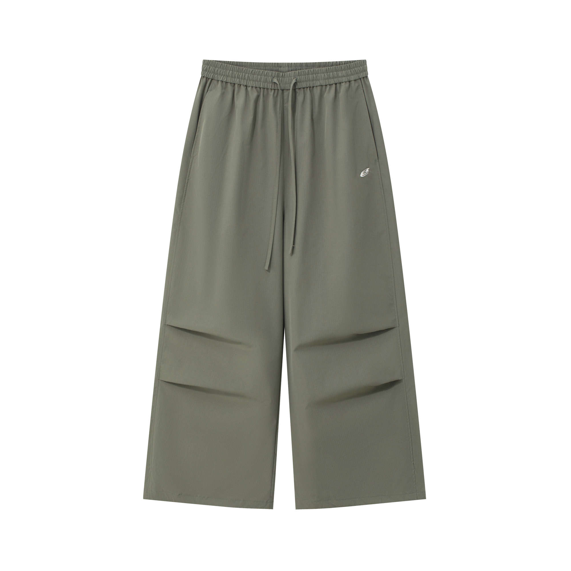 Green Lightweight Drawstring Wide-Leg Paratrooper Pants