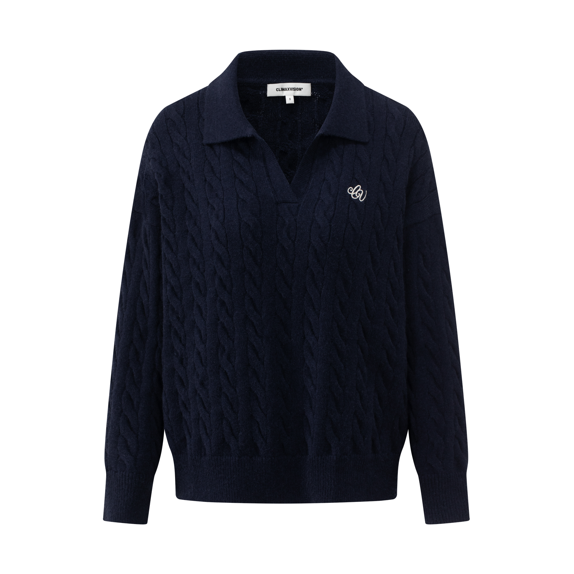Navy Blue Cable Knit Suit Polo Collar Embroidered Soft Knit Sweater