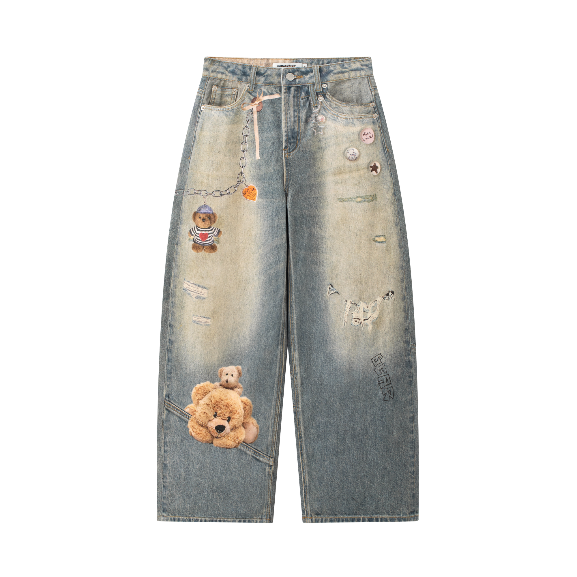Blue Bear Print Retro Jeans