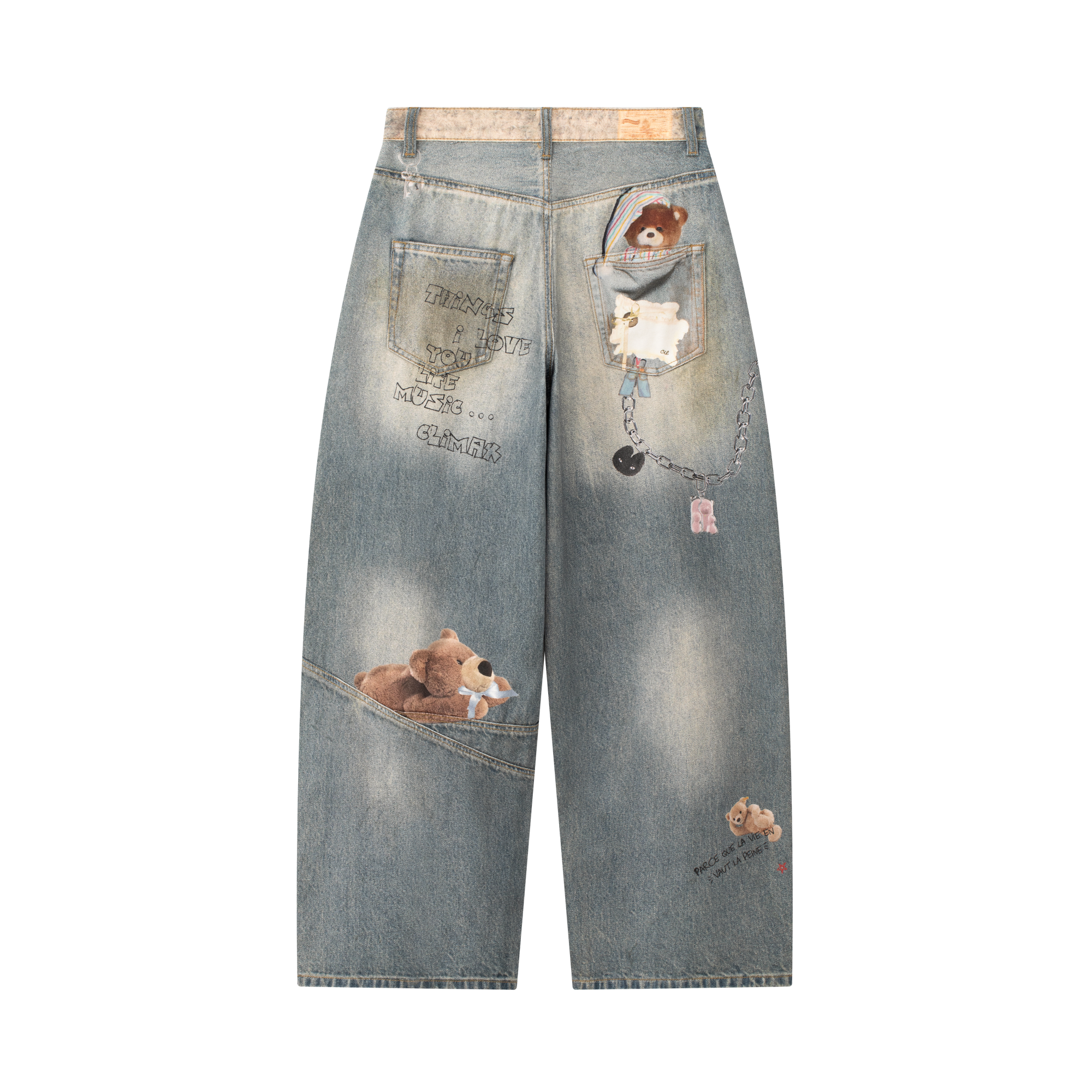 Blue Bear Print Retro Jeans