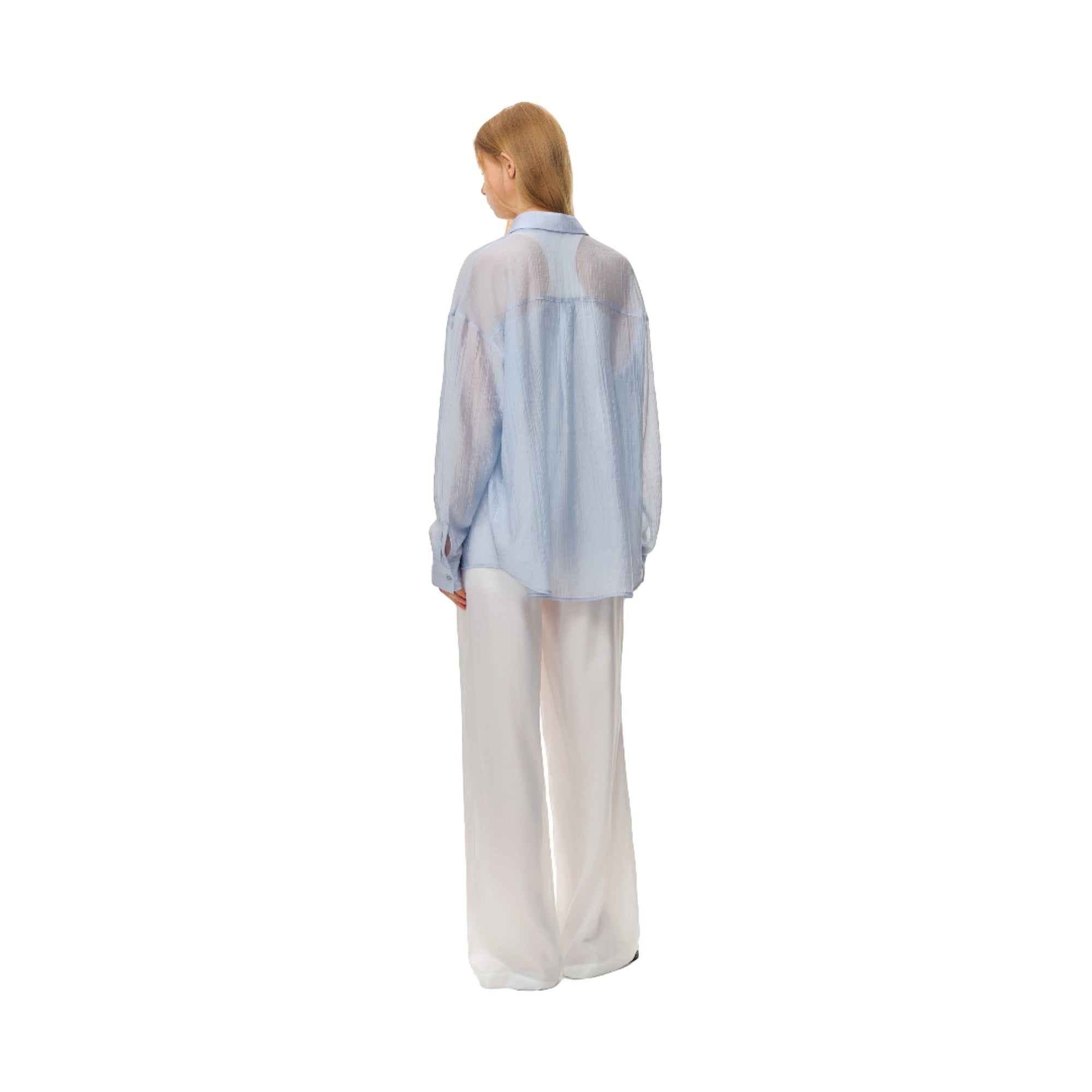 Blue Lightweight Casual Tencel Wrinkled Embroidered Shirt