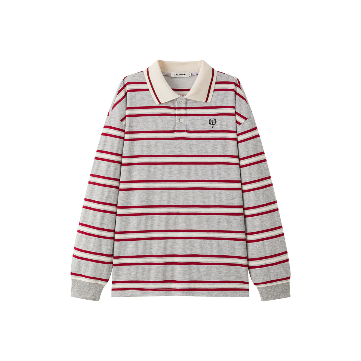 Grey Color Block Striped Embroidered Polo Shirt Long Sleeve