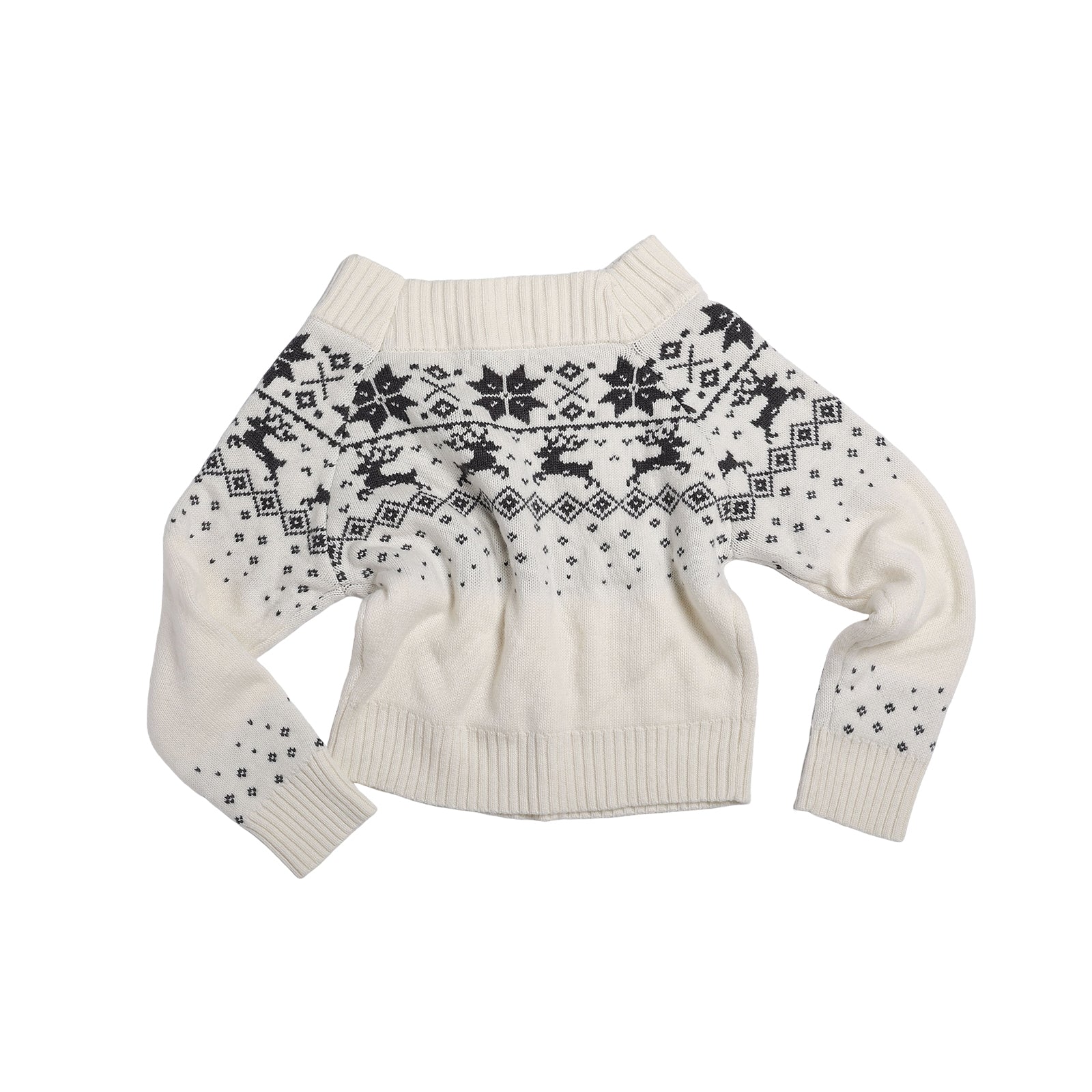 Beige Off-Shoulder Fair Isle Australian Wool Jacquard Pullover Sweater