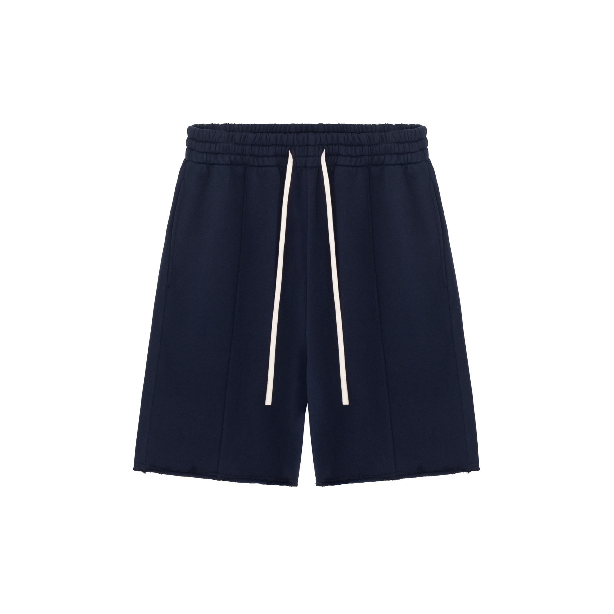Navy Blue Center Seam Patchwork Frayed Shorts