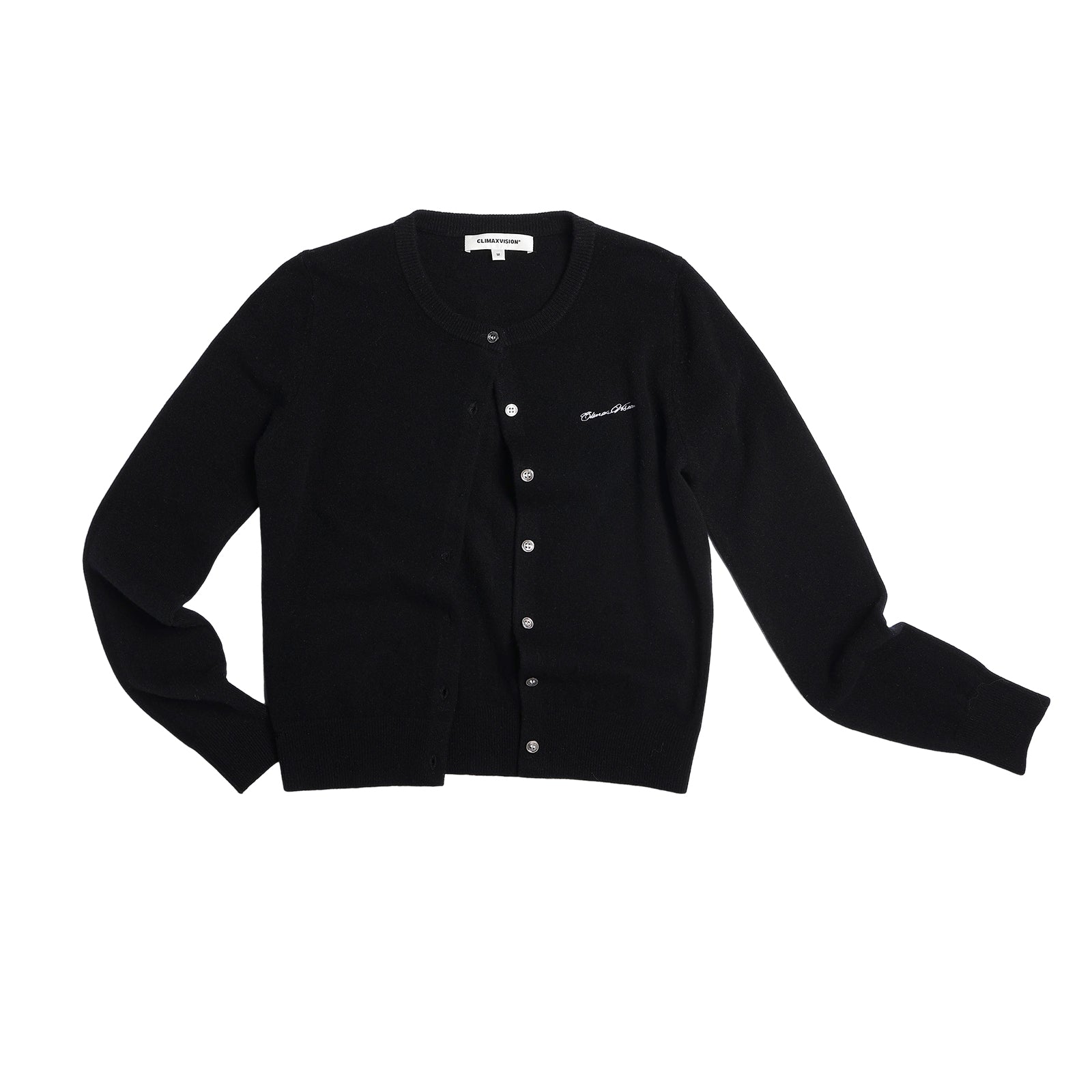 Black Wool Crew Neck Embroidered Knit Cardigan Sweater