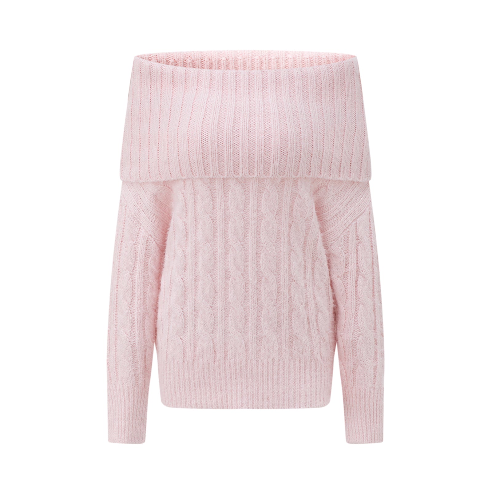 Pink Off-Shoulder Cable Knit Textured Sweater