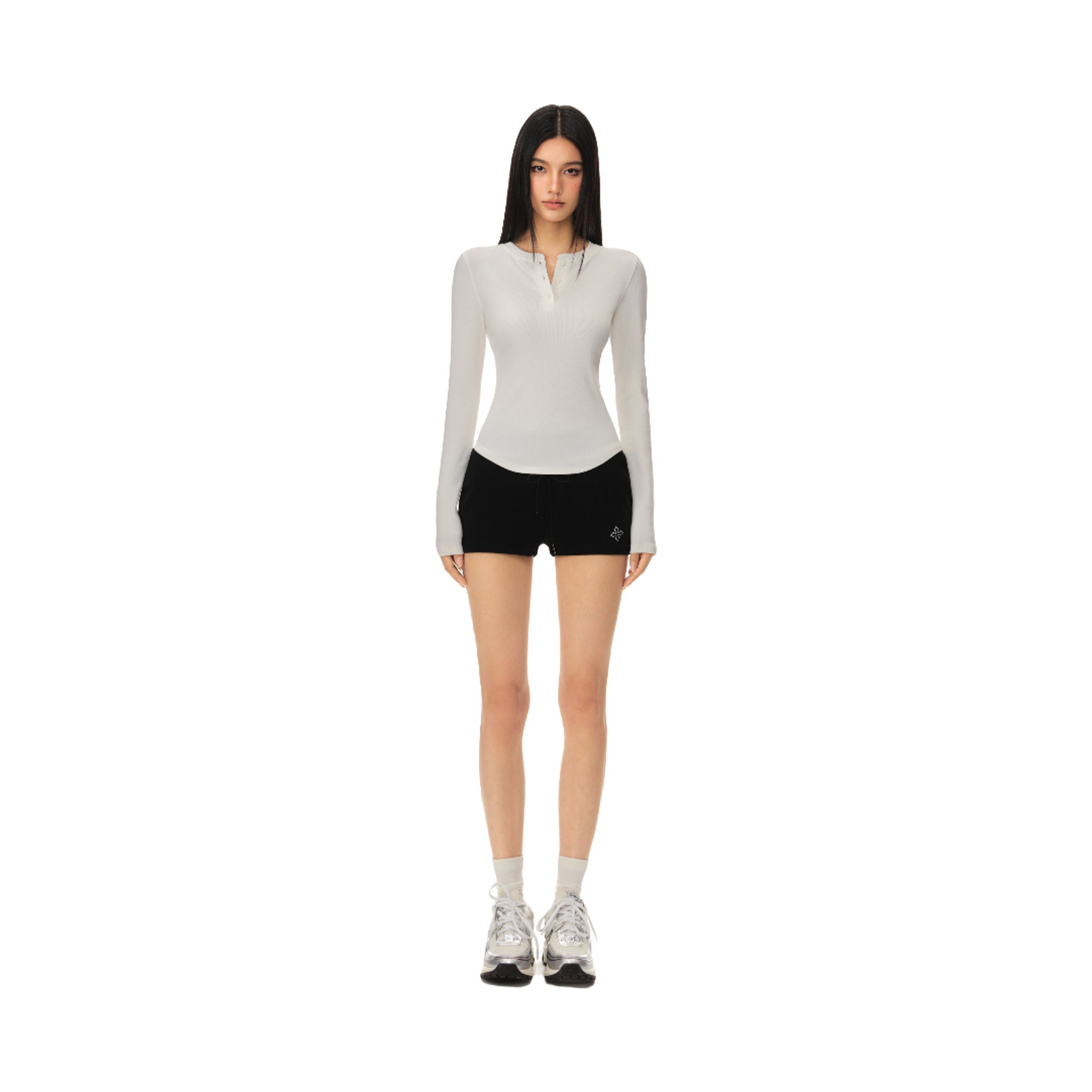 White Stretch Slim Cut Henley Collar Long Sleeves