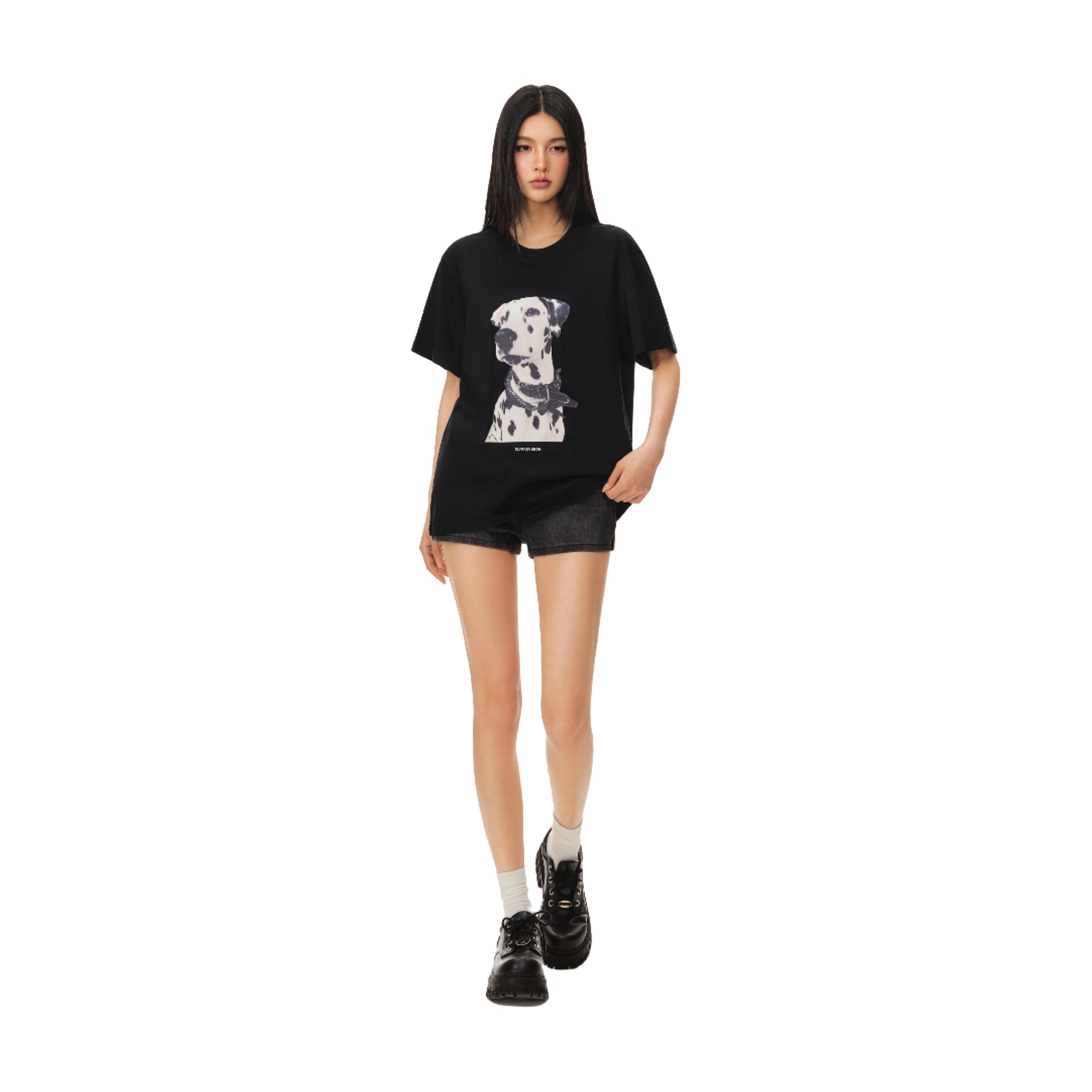 Black Dalmatian Print Lightweight Crew Neck Fitted Short Sleeve T-Shirt