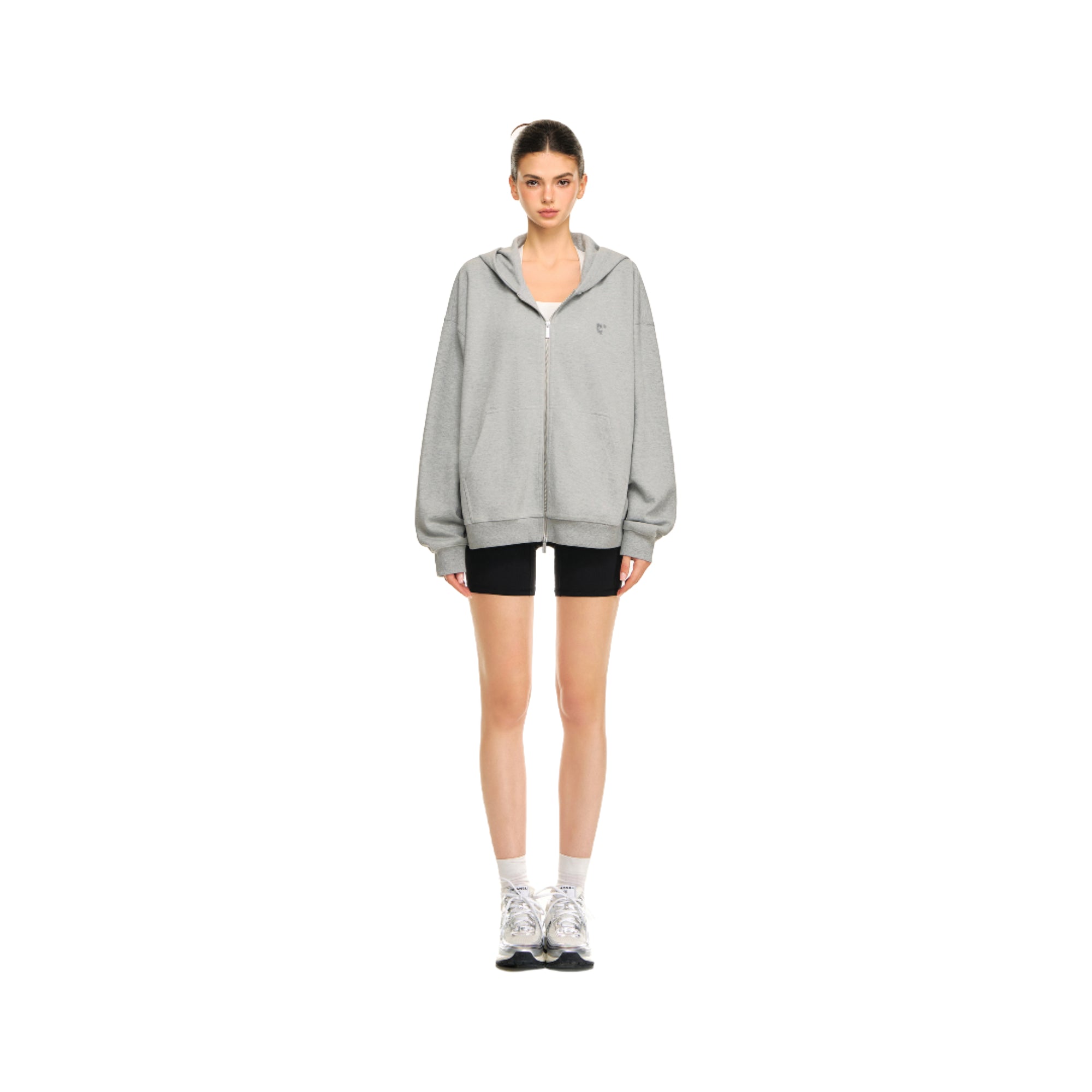 Grey Embroidered Oversized Piqué Zip-Up Hoodie