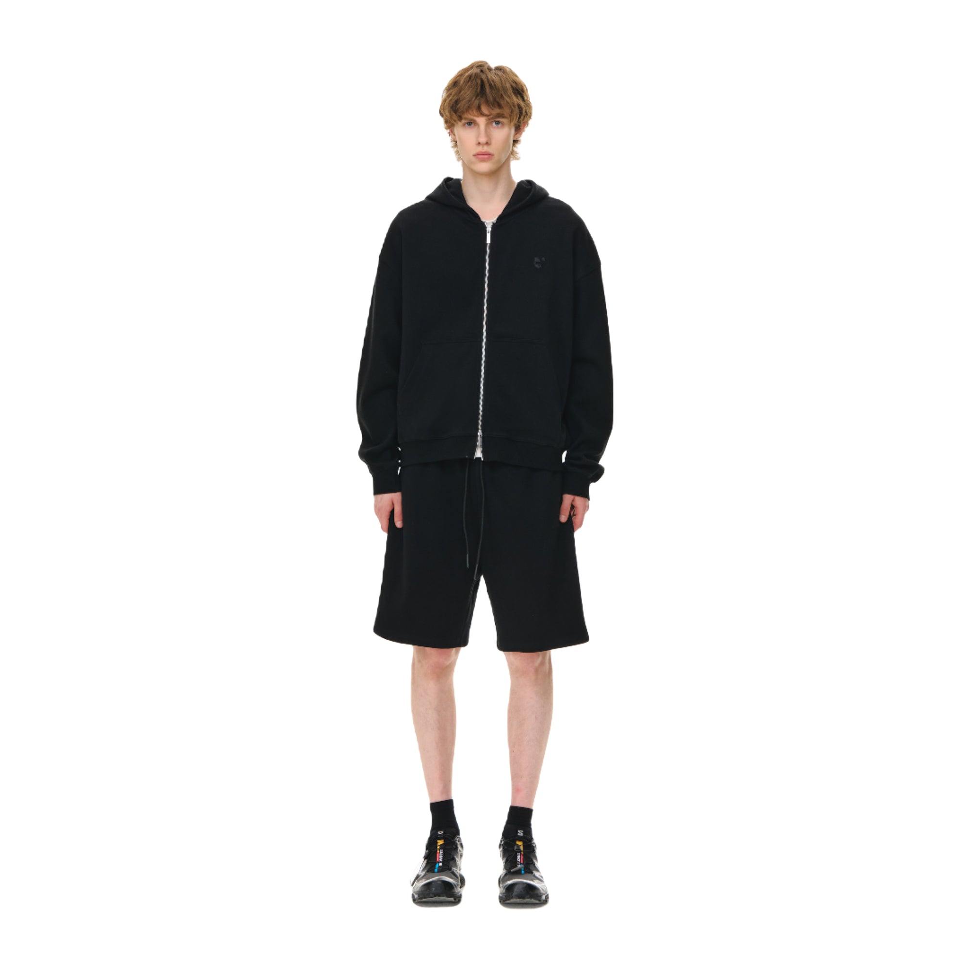 Black Textured Cotton Piqué Embroidered Sports Shorts