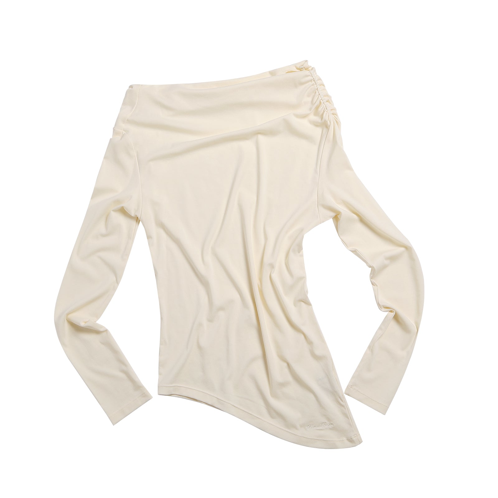 Beige Versatile Off Shoulder Pleated Lyocell Long Sleeves