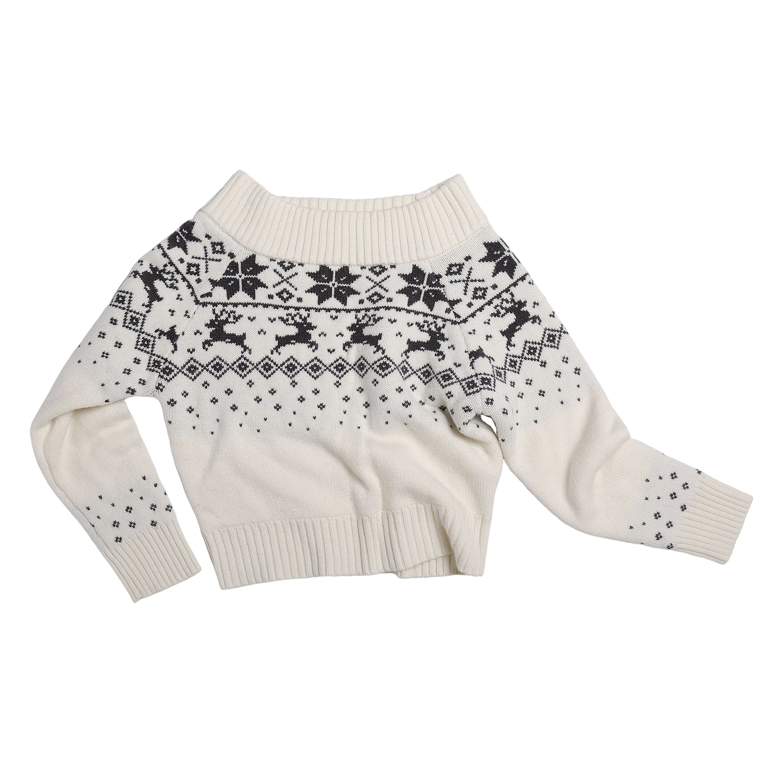Beige Off-Shoulder Fair Isle Australian Wool Jacquard Pullover Sweater