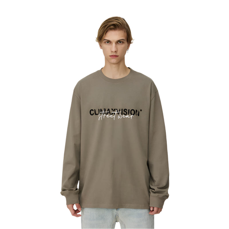 Khaki Grey Distressed Contrasting Lettering Long-sleeved T-shirt