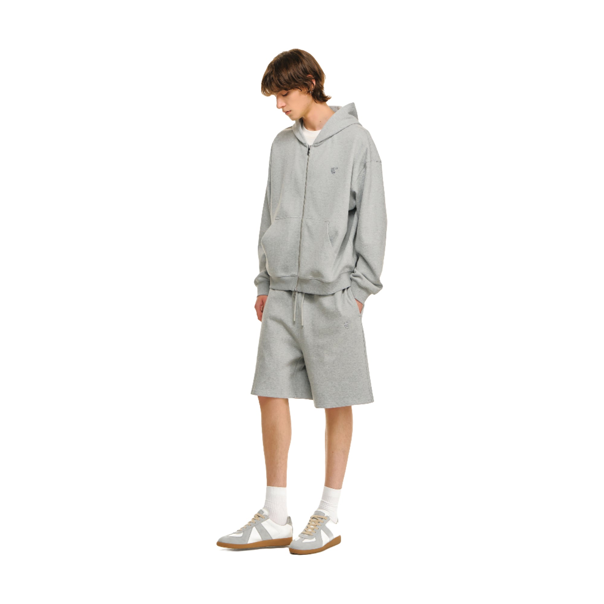 Grey Embroidered Oversized Piqué Zip-Up Hoodie