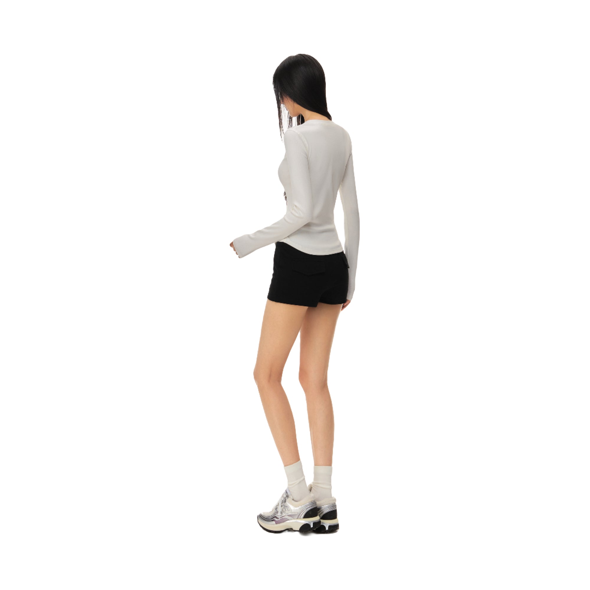White Stretch Slim Cut Henley Collar Long Sleeves