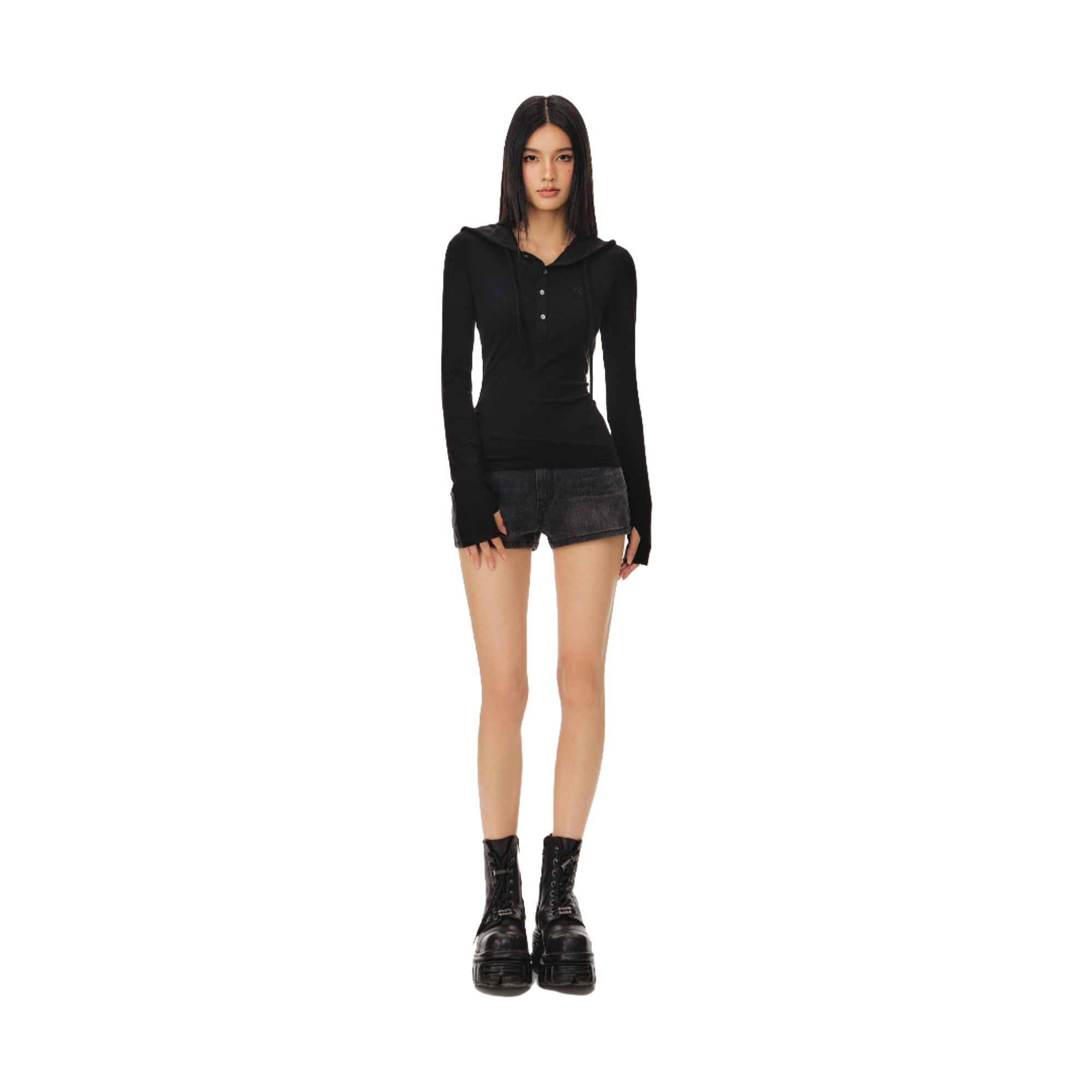 Black Hooded Henley Collar Stretch Knitted Slim Fit Long Sleeves