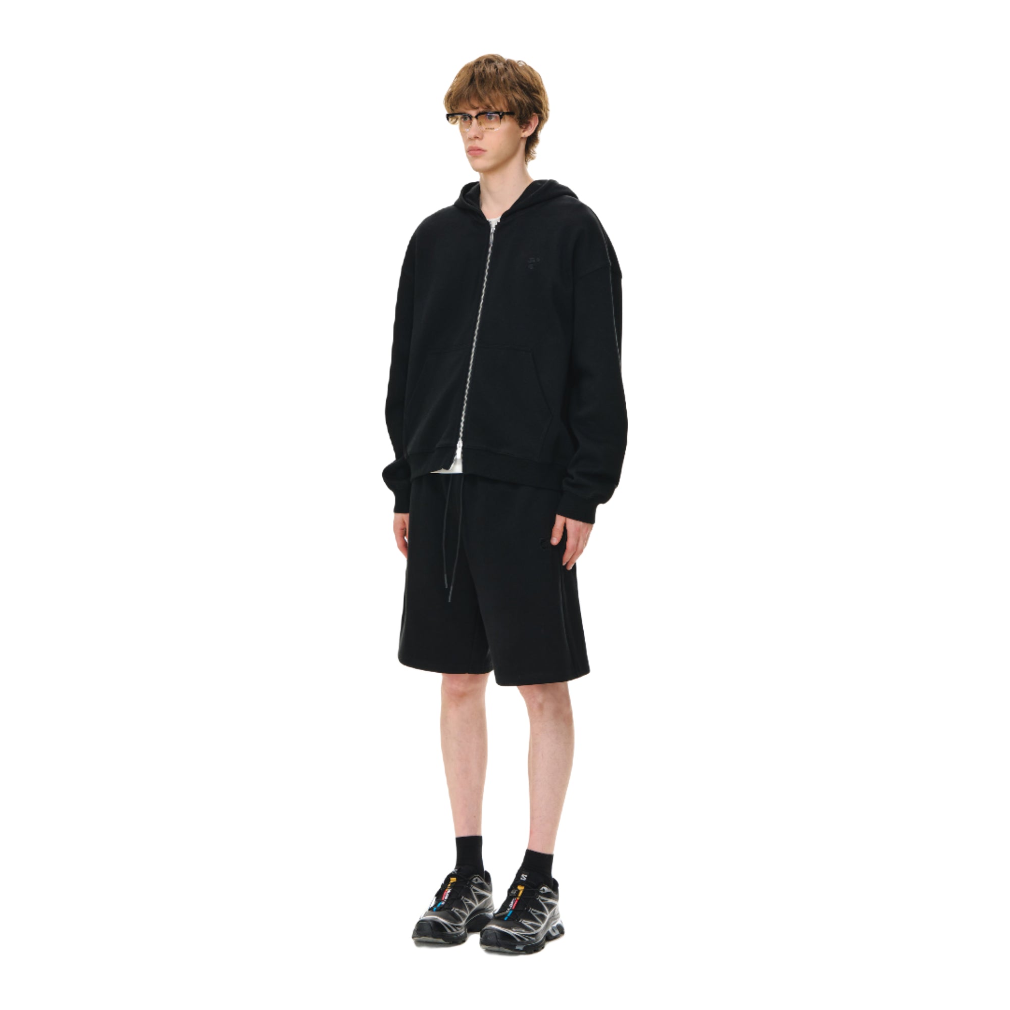 Black Textured Cotton Piqué Embroidered Sports Shorts