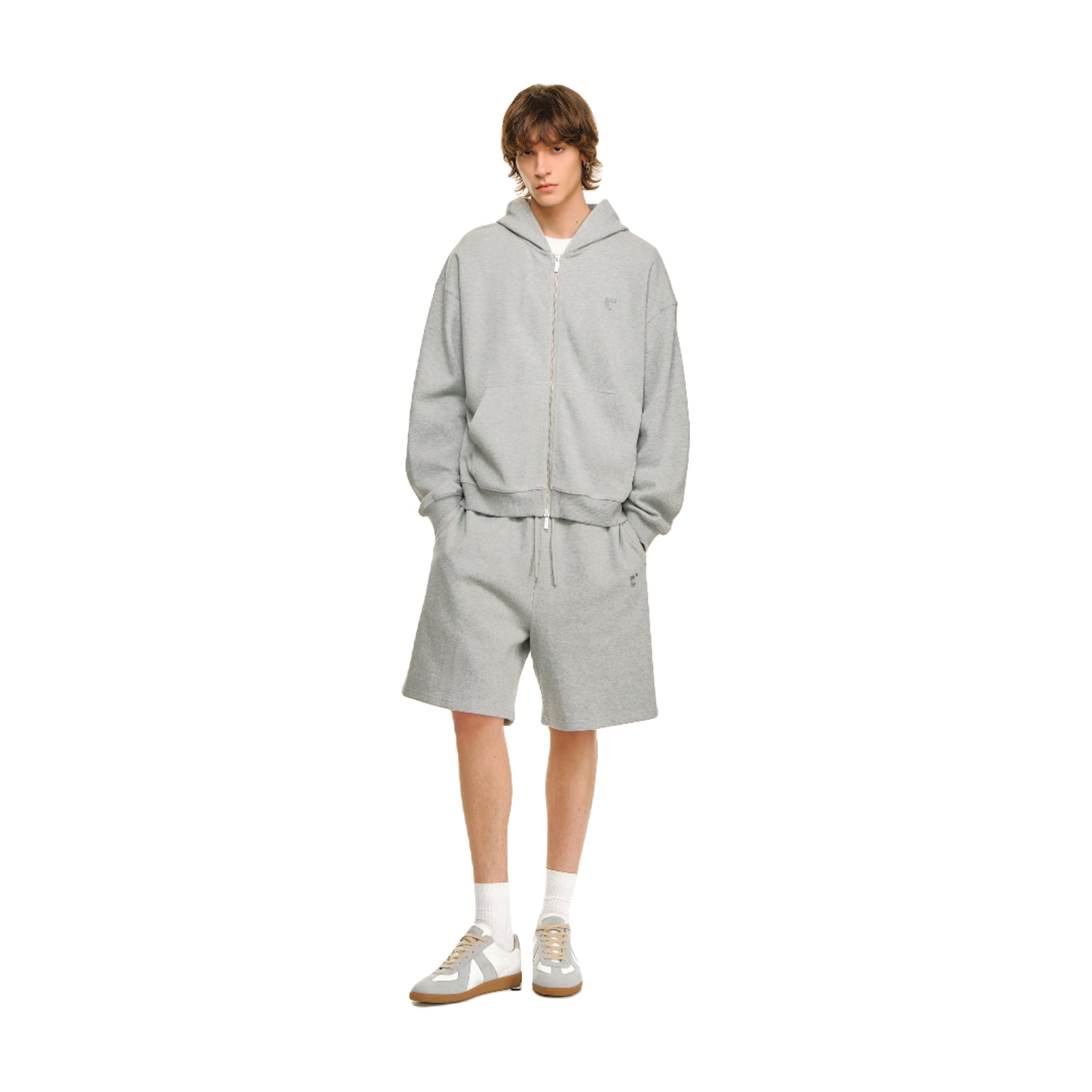 Grey Textured Cotton Piqué Embroidered Sports Shorts