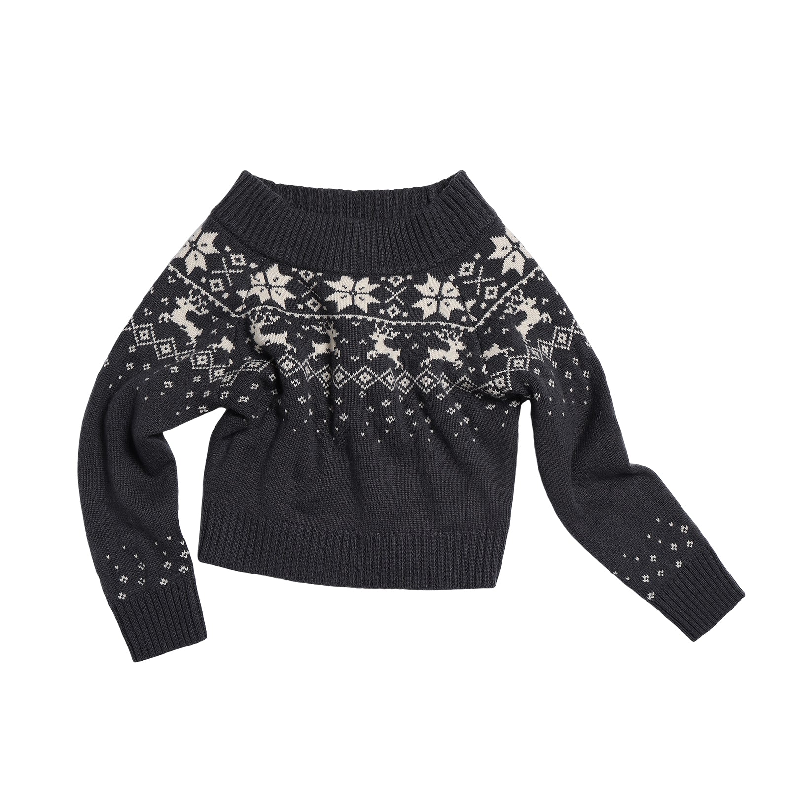 Dark Grey Off-Shoulder Fair Isle Australian Wool Jacquard Pullover Sweater
