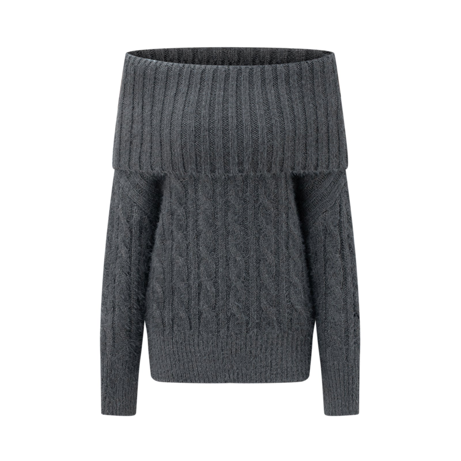 Grey Off-Shoulder Cable Knit Textured Sweater