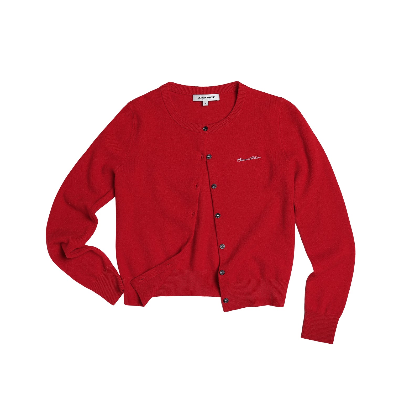 Red Wool Crew Neck Embroidered Knit Cardigan Sweater