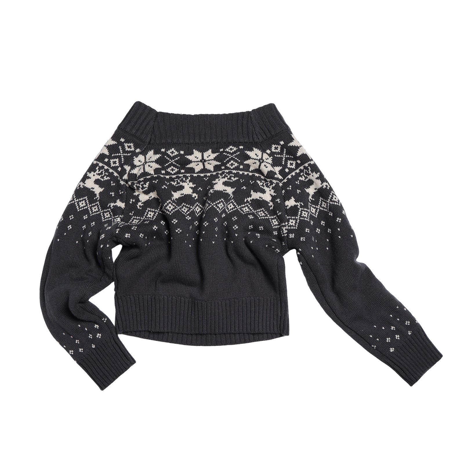 Dark Grey Off-Shoulder Fair Isle Australian Wool Jacquard Pullover Sweater