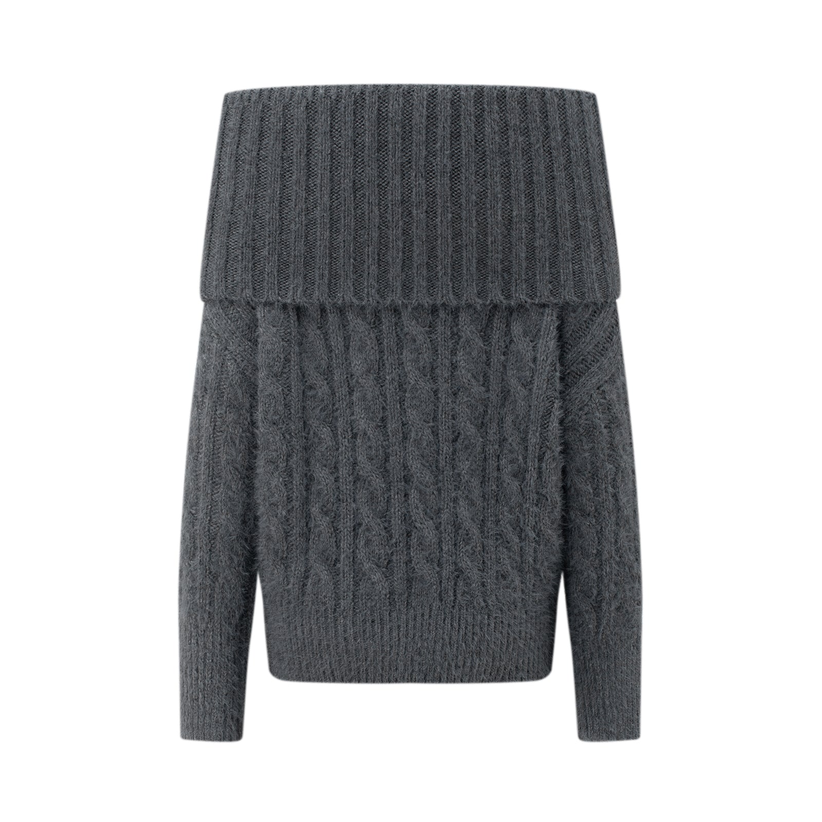 Grey Off-Shoulder Cable Knit Textured Sweater